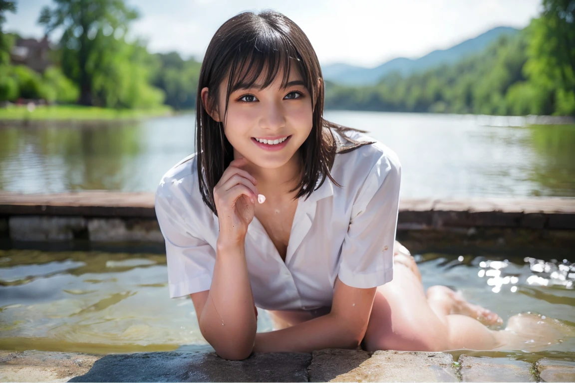 ((one Japanese schoolgirl)):1.8,((young body not fully matured)):2.7,sixteen years old,((on a stage built in a lake just below the surface)):2.8,((Blouse that is wet and shows through the skin)):2.1,((not wearing underwear)):2.9,((thighs spread wide in an indecent pose)):2.8,((spread thighs wide in an indecent pose)):2.5,(soaking wet from rain):2.5,open_stance,((big breasts)):1.2,cleavage,(full body shot):1.9,(Beautiful Woman with Perfect Style):1.3,(Beautiful Legs):1.3,(One Person),(Slender):1.2,(Very Long Flowing Wet Black Hair):1.6,(Smiling slightly):1.4,(Very Fine Face and Skin Texture):1.2,(long black hair):1.7,(wet hair):2.5,(light on face):1.4,(between_legs:1.5),(toe-point:1.2),(full body):1.8,background beautiful lake,(very fine),(best quality),8K,RAW,photo,highest_quality,masterpiece,realistic,photorealism:1.37,erotic,sexy High Resolution,Physically Based Rendering,Cinematographic Lighting,Raw,Real Photo,(Sharp Focus):1.2,(Full Length Image):1.9,(Full Length View):1.9,