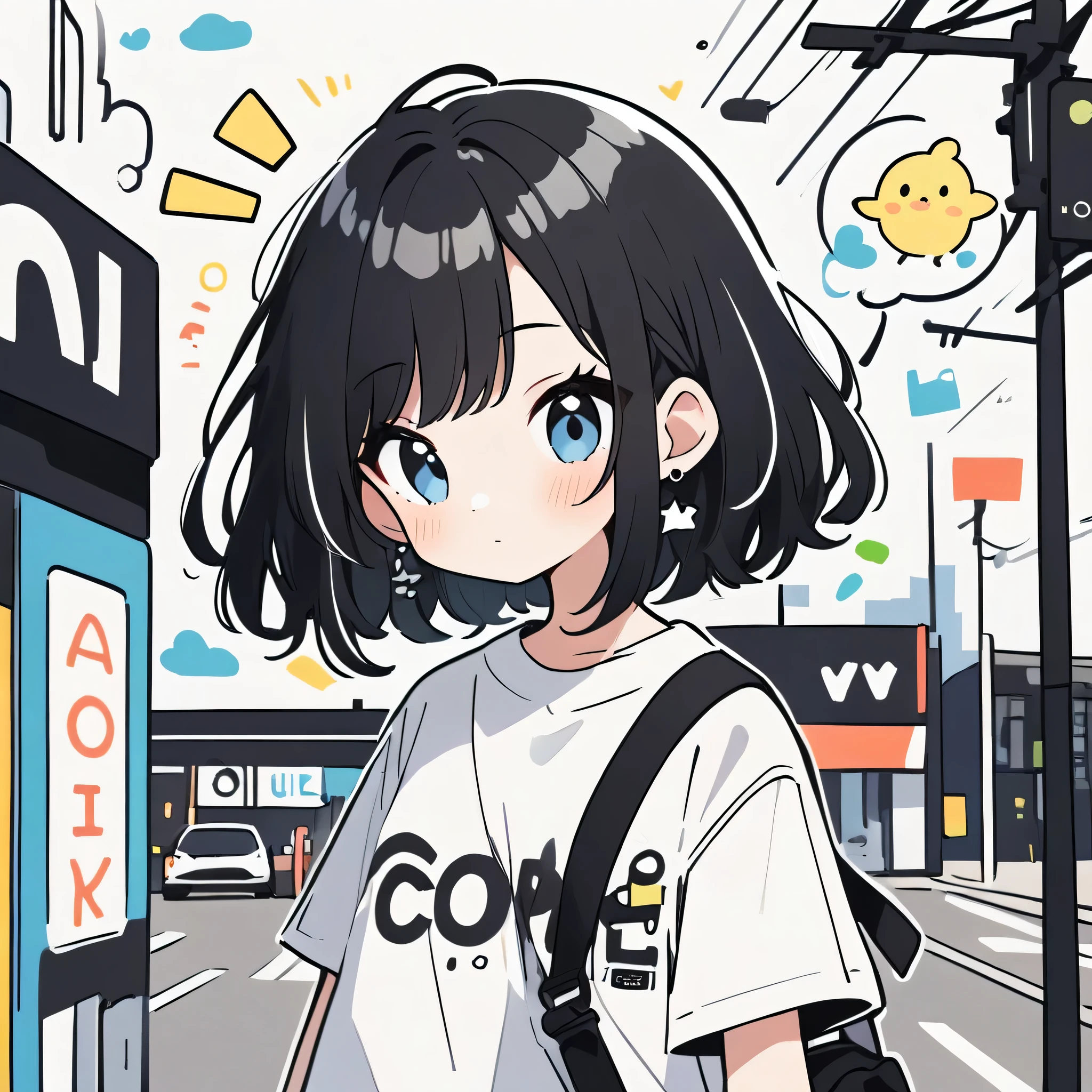 Ultra-realistic 奈良美智 black and white style, Simple line acronym abstract art, kawaii design, (((Background is Disposal))), Street Style, Cute chick