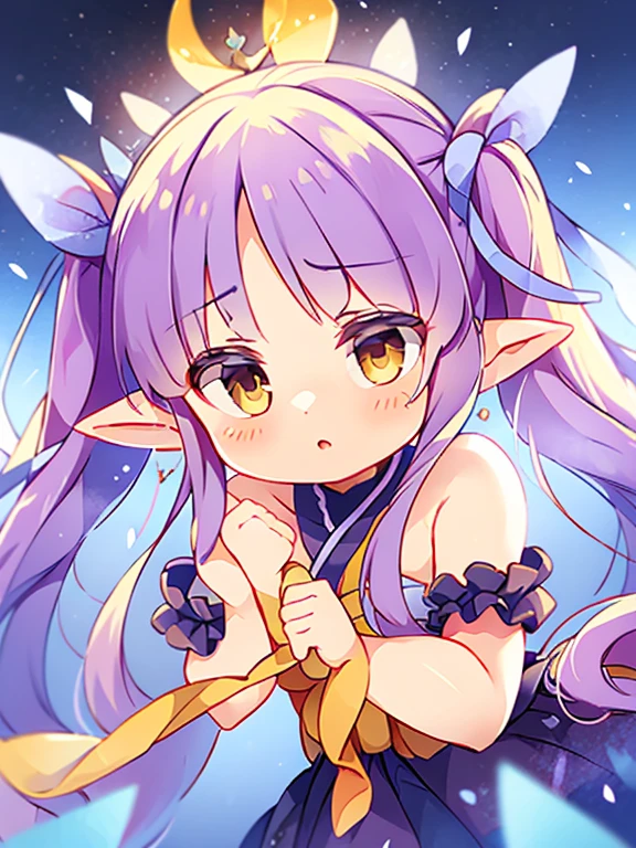 Light purple hair, Center parted bangs, Big yellow eyes, Chibi,Pointy Ears,Blue hair ornament,