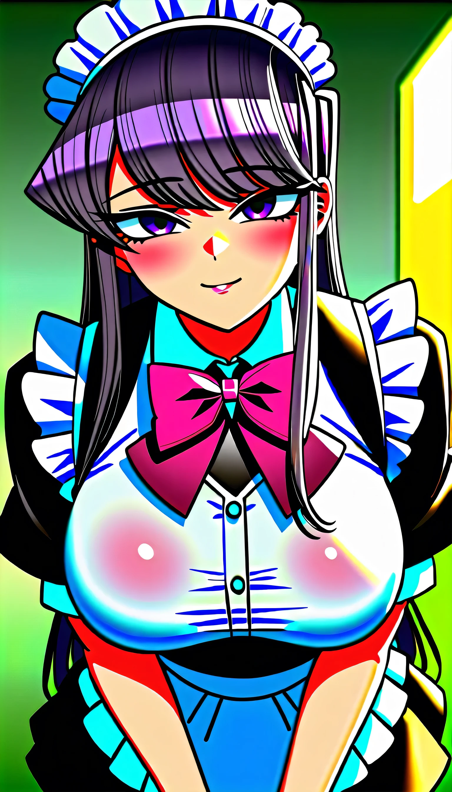 (high quality, 8k, 4K, High Contrast, masterpiece:1.2, 最high quality, Best aesthetics), Komi_Shouko, Beauty, Maid, Very detailed, Seductive and erotic girl with lace headdress, smile, (Big Breasts, Purple Hair, Twin tails), Focus on the face, Focus on the face, Complex eyes, tights, 40 denier black tights, coffee shop, Low angle shot, Viewer looking up,