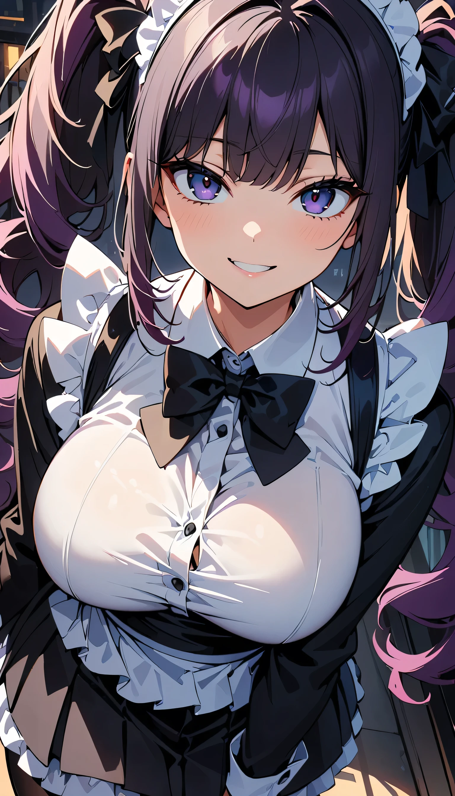 (high quality, 8k, 4K, High Contrast, masterpiece:1.2, 最high quality, Best aesthetics), Komi_Shouko, Beauty, Maid, Very detailed, Seductive and erotic girl with lace headdress, smile, (Big Breasts, Purple Hair, Twin tails), Focus on the face, Focus on the face, Complex eyes, tights, 40 denier black tights, coffee shop, Low angle shot, Viewer looking up,