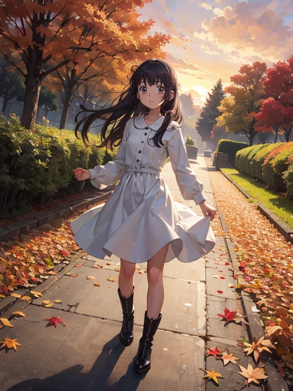 masterpiece，Best Quality，High image quality，(Superflat, Flat Shading )，Fisheye Lens，Beautiful petite trained young mother and very cute trained daughter:1.25，(naked)，Long Hair, boots, smile, smile, White Breath，fun, play, Autumn, autumn leaves，At dusk，Beautiful sunset，Wide angle, Vibrant colors, watercolor, Ghibli style，Strong winds，Girl&#39;s Temptation，