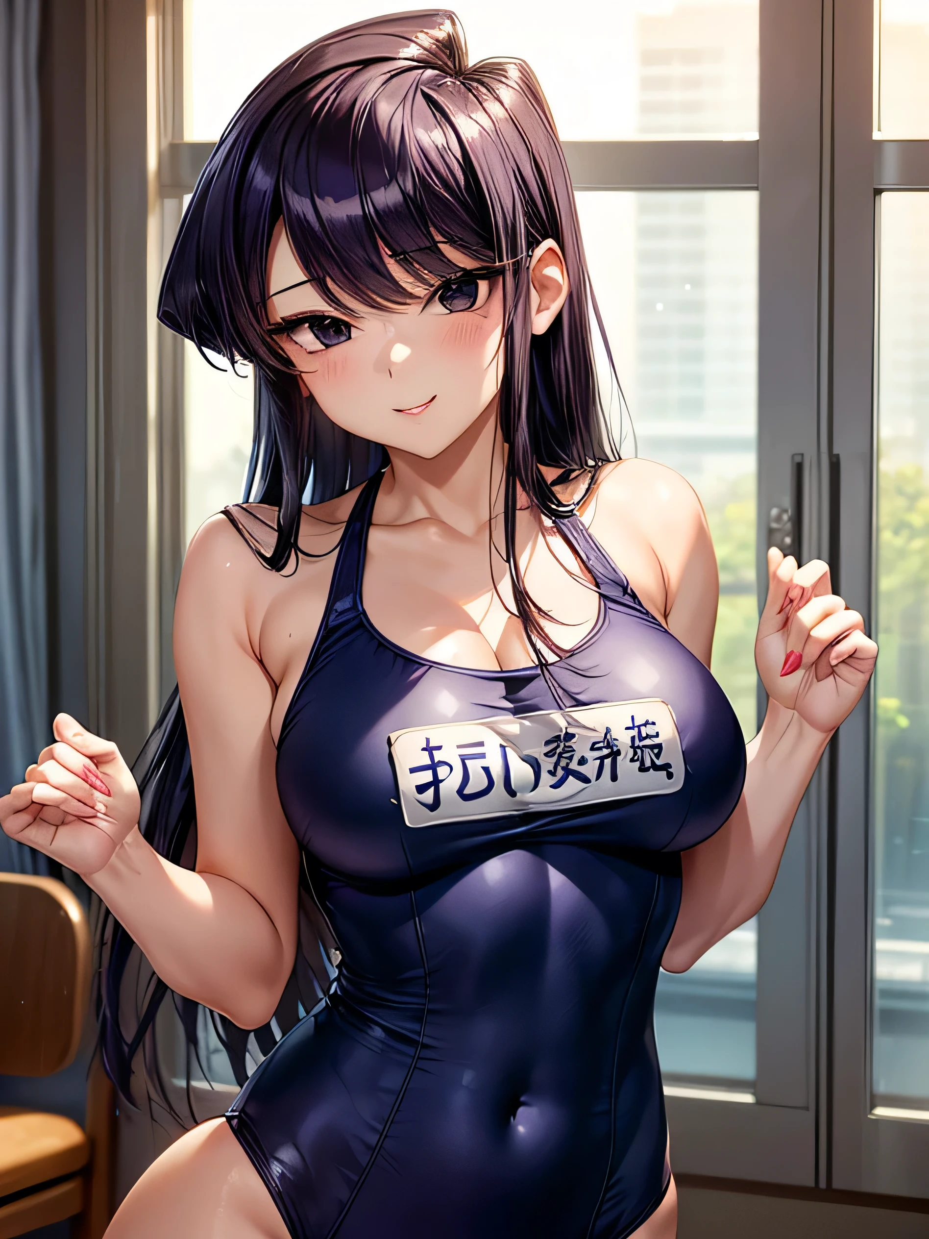 highest quality、Komi Shouko 、Nice sexy body、One Woman、solo、(Beautiful busty woman:1.5)、Woman with straight hair、((Woman with dark purple hair))、Woman with straight hair、((A woman wearing a navy blue one-piece school swimsuit))、large breasts、smile