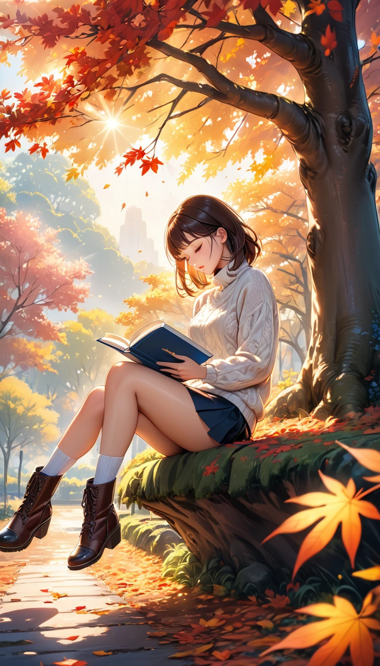  a beautiful girl reading a book under a tree, autumn leaves, high neck sweater, mini skirt, boots,  detailed facial features, long eyelashes, cinematic lighting, extremely detailed, high quality, masterpiece, 8k, hyper detailed, intricate details, natural lighting, dappled sunlight, peaceful, serene, tranquil, vibrant colors, soft focus, depth of field,