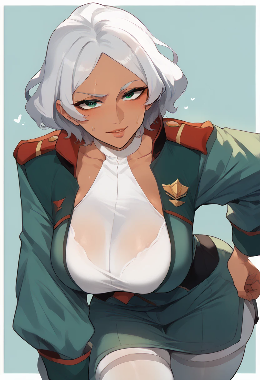 Surreal, Cecilia Doute, Dark Skin Tone, Dark skinned woman, Green Eyes, short hair, Gray Hair,
asticassia uniform, green jacket, jacket, uniform, shirt, Epaulettes, Thighs丈ストッキング, Thighs, white shirt, white Thighs丈ストッキング,, Mother, Mature Woman, Mature Woman, Perfect Face, Perfect lighting, Sexy lips, Sexy Woman, Mouth closed, Beautiful Mark, Being fat、Cleavage, Huge breasts, Large Breasts, sweat, Saggy breasts, Leaning forward, close view 