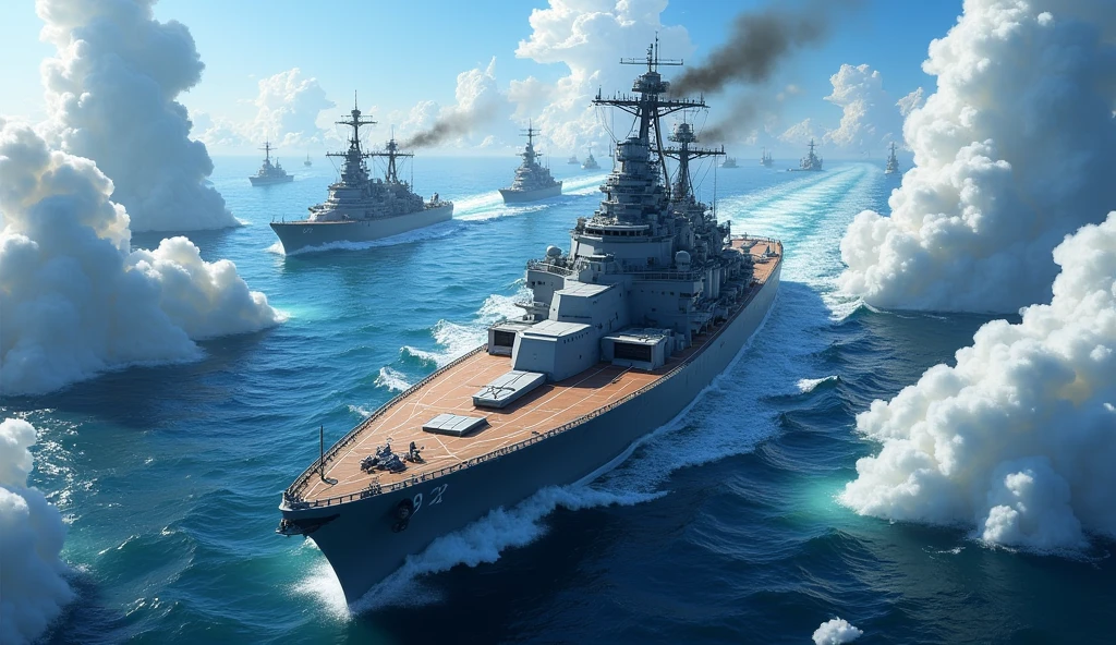 (Best Quality,Extremely detailed depiction,Incredible high resolution),Huge Battleship:1.3,Grand Fleet,Water column,Bird&#39;s Eye View,High quality anime images