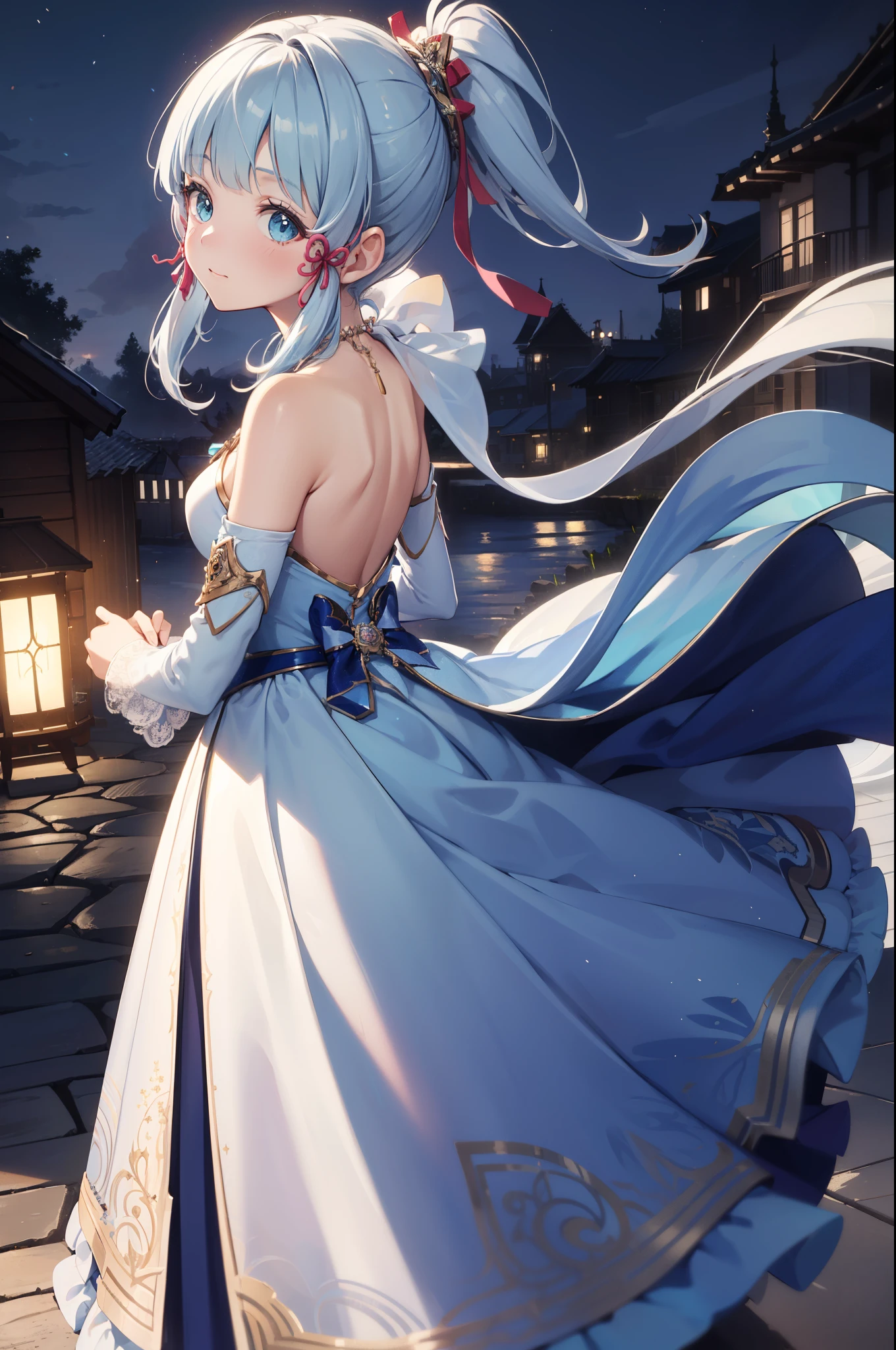 (Best quality,4K,8K,high resolution,masterpiece:1.2)，Teen Girls，Obsessed，have fun，in love，Light princess dress，Sky blue eyes,Wedding Dress,White No Smell，Transparent clothes，A little aqua blue fabric,A little lace，A few white wrinkles，Exquisite clothing，Starry Sky，Alone，night