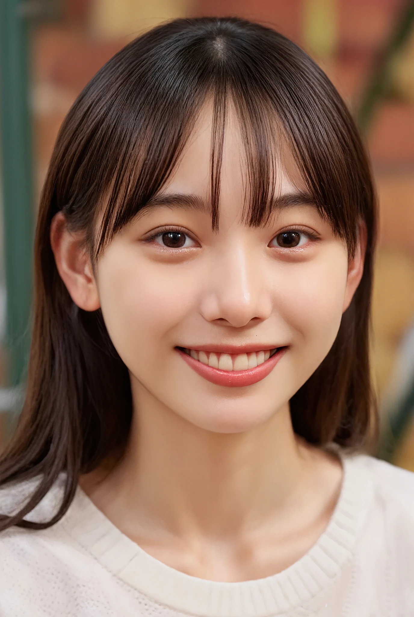 smile, (Best Quality:1.5), (Skin texture and pores:1.7), Sharp focus captures the entire face、Creates natural shadows on the cheeks and forehead, (HDR:1.4), Pores and fine skin details are realistically depicted.、Lighting enhances skin texture (Skin Detail:1.8), The lips have a slight sheen、The natural pink color creates an elegant reflection of light., The hair is realistically expressed.、The background is blurred, giving it a luxurious feel with studio lighting. (Background Blur:1.3)