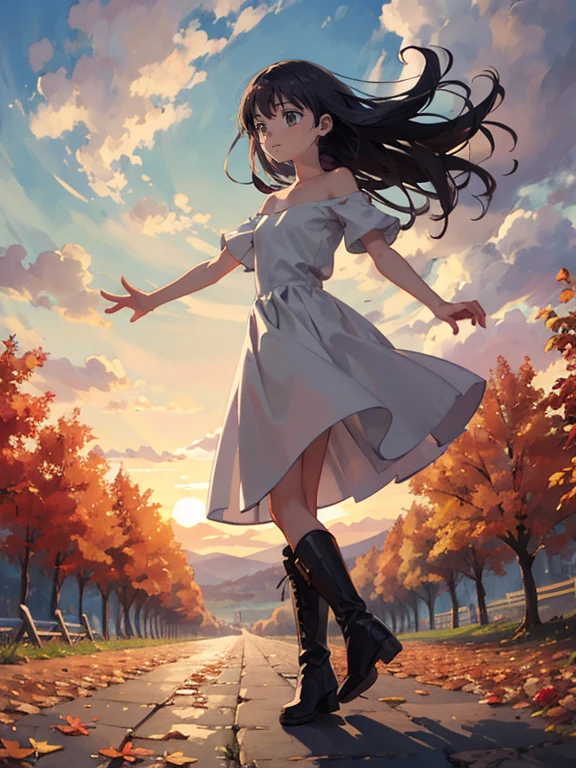 masterpiece，Best Quality，High image quality，(Superflat, Flat Shading )，Fisheye Lens，Beautiful petite trained young mother and very cute trained daughter:1.25，(naked)，Long Hair, boots, smile, smile, White Breath，fun, play, Autumn, autumn leaves，At dusk，Beautiful sunset，Wide angle, Vibrant colors, watercolor, Ghibli style，Strong winds，Girl&#39;s Temptation，