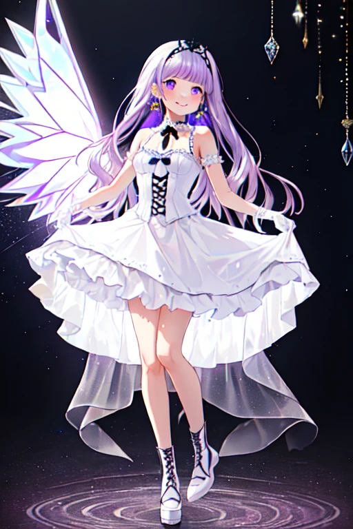 Best image quality、(((Full Body Espian))),Standing photo、Great style、全力でsmileを見せる、Beautiful legs、Leather shoes、Dynamic pose、, Young、Gothicta, (((Light purple hair))), Purple eyes, (mascara), Straight bangs, ((Hair is hanging over the eyes)), Long Hair, Pink mixed hair、Mesh color pink、Medium chest, frilld,White frills, White Theme, (A white glowing dress that looks like a hologram:1.5), ((Rainbow Crinoline, The multi-layered skirt shines white.):1.4), (Gothicta:1.2), (Lace-up:1.2), ((Sleeveless, bare shoulders):1.2), (Glittering fairy wings:1.3), break (Platform high boots:1.1), (Long gloves:1.2), ((Earrings, Reman):1.2), Faithfully, (((Eye focus))), (((smile))), The background is blurred, Hollow Eyes, Purple Theme、Viewer, (((night))), (((Hair accessories)))