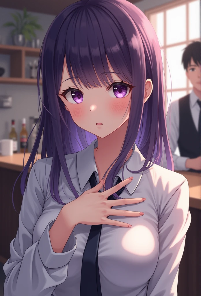 masterpiece, best quality, highres, detailed face, face focus, anime coloring, hitagisenjougahara, long hair, 1girl, blue eyes, medium breasts, purple hair, hetero, 1boy, (fellatio,blowjob,deep throat:1.3),oral, solo focus, (pov:1.2), ((CumShot, Cum in Mouth)), (CreamPie:1.3),deepthroat, cum