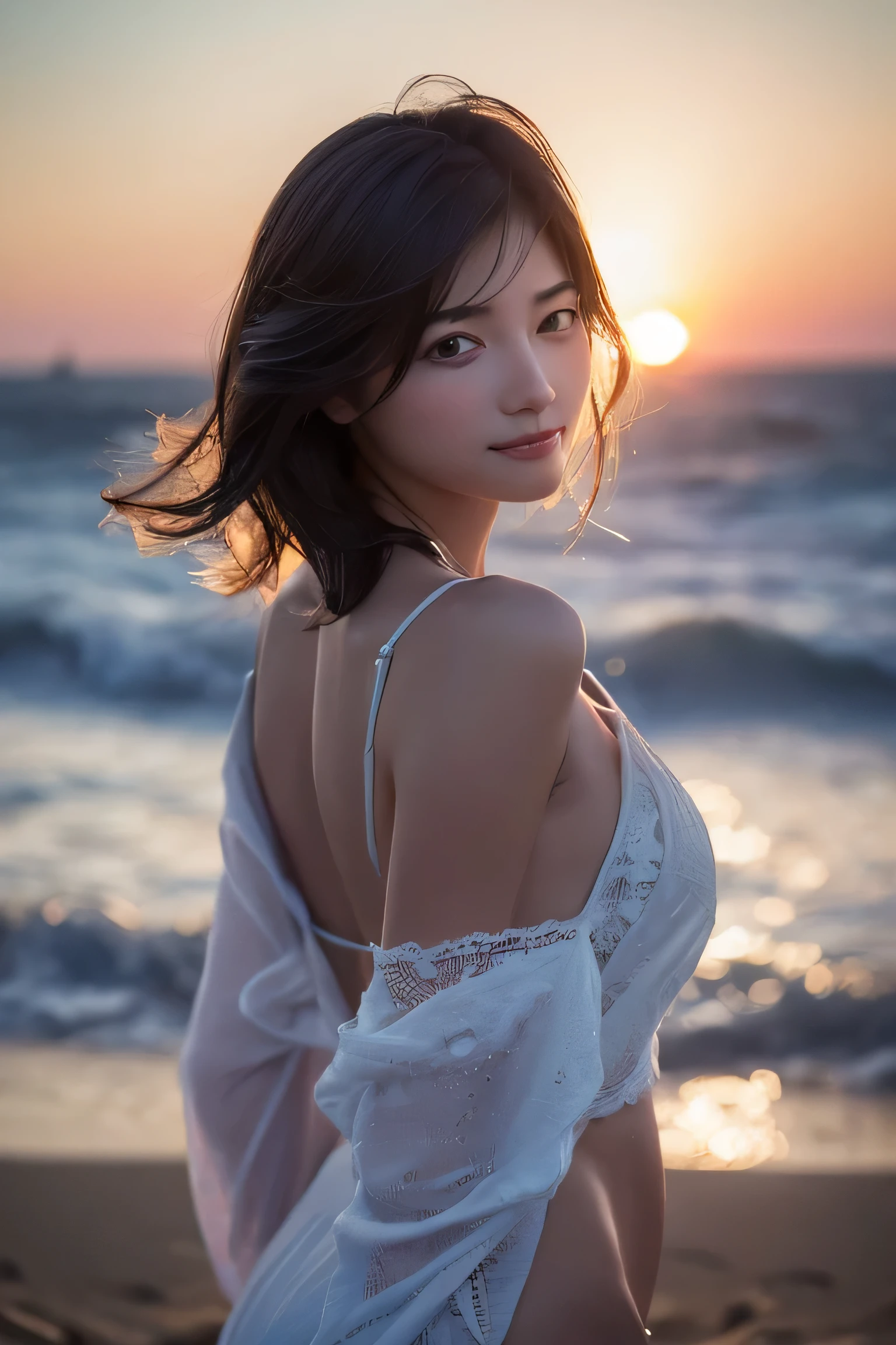 1girl in, Extremely cute face, (Hyper-realistic, hight resolution), (Best Quality:1.4), Raw photo, (Realistic, Photorealsitic:1.37), Professional Photography, Cinematic Light, (Highly detailed eyes, Highly detailed face), (Lace shirt off-shoulder:1.4), Beautiful breasts, (no panties:1.3), Pubic hair, Upper body, Smile slightly, Sitting, spread your legs wide, Staring at me, Beach, Sandy beach, Palm Tree, (Beach landscape with beautiful sunset:1.35),