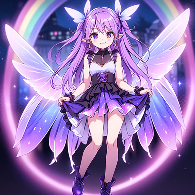 Best image quality、(((Full Body Espian))),Standing photo、Great style、全力でsmileを見せる、Beautiful legs、Leather shoes、Dynamic pose、, Young、Gothicta, (((Light purple hair))), Purple eyes, (mascara), Straight bangs, ((Hair is hanging over the eyes)), Long Hair, Pink mixed hair、Mesh color pink、Medium chest, frilld,White frills, White Theme, (A white glowing dress that looks like a hologram:1.5), ((Rainbow Crinoline, The multi-layered skirt shines white.):1.4), (Gothicta:1.2), (Lace-up:1.2), ((Sleeveless, bare shoulders):1.2), (Glittering fairy wings:1.3), break (Platform high boots:1.1), (Long gloves:1.2), ((Earrings, Reman):1.2), Faithfully, (((Eye focus))), (((smile))), The background is blurred, Hollow Eyes, Purple Theme、Viewer, (((night))), (((Hair accessories)))