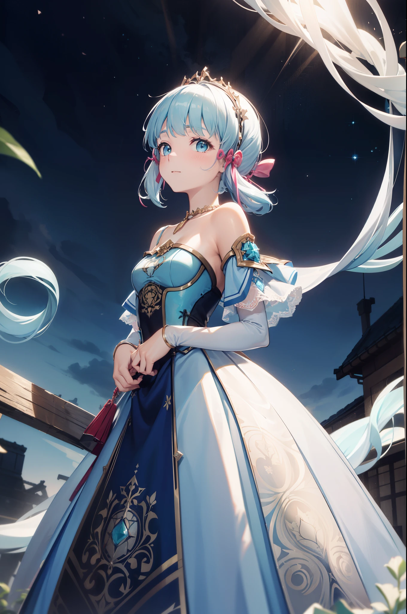 (Best quality,4K,8K,high resolution,masterpiece:1.2)， Girls，Obsessed，have fun，in love，Light princess dress，Sky blue eyes,Wedding Dress,White No Smell，Transparent clothes，A little aqua blue fabric,A little lace，A few white wrinkles，Exquisite clothing，Starry Sky，Alone，night