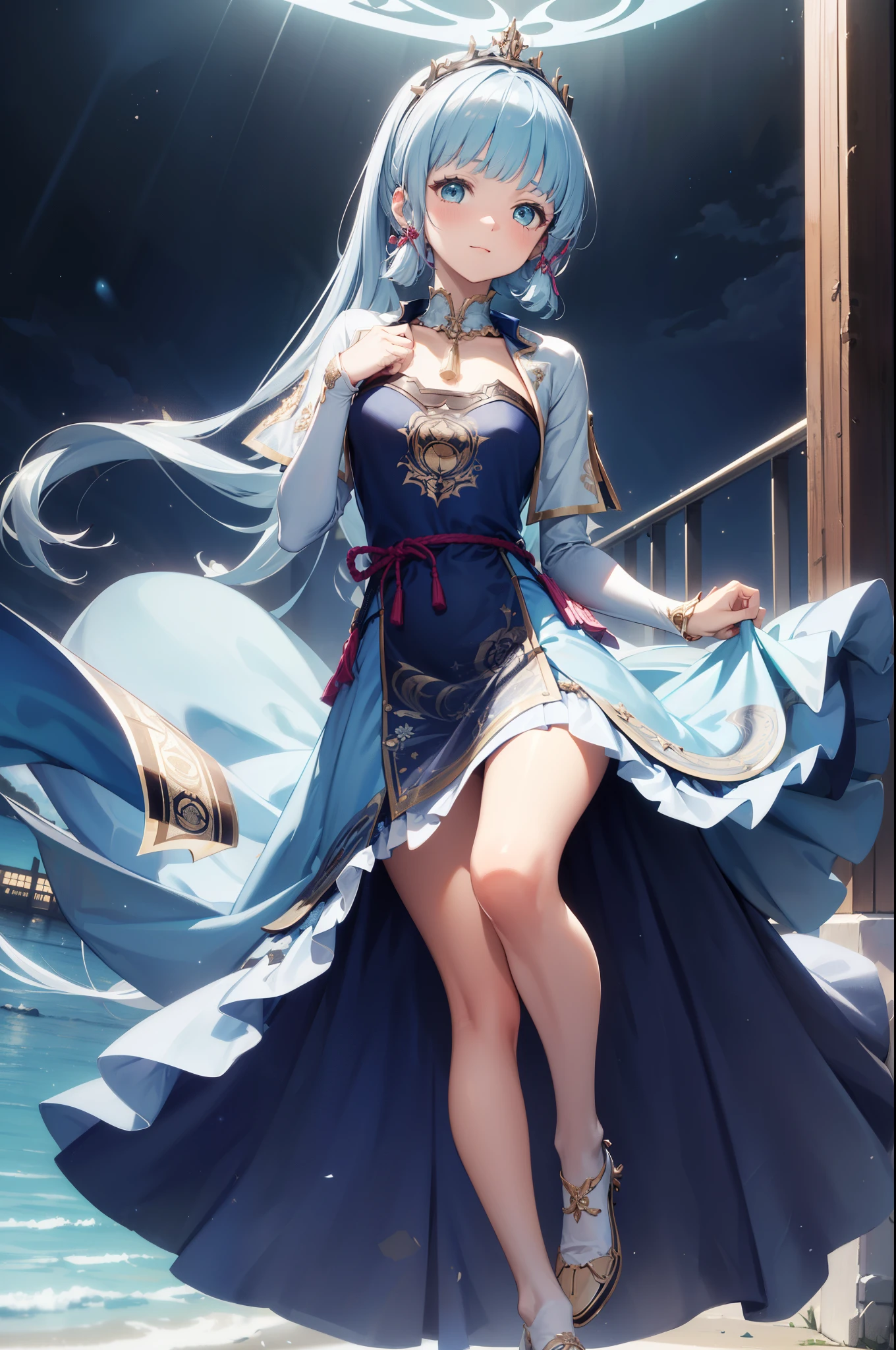 (Best quality,4K,8K,high resolution,masterpiece:1.2)，Teen Girls，Obsessed，have fun，in love，Light princess dress，Sky blue eyes,Wedding Dress,White No Smell，Transparent clothes，A little aqua blue fabric,A little lace，A few white wrinkles，Exquisite clothing，Starry Sky，Alone，night