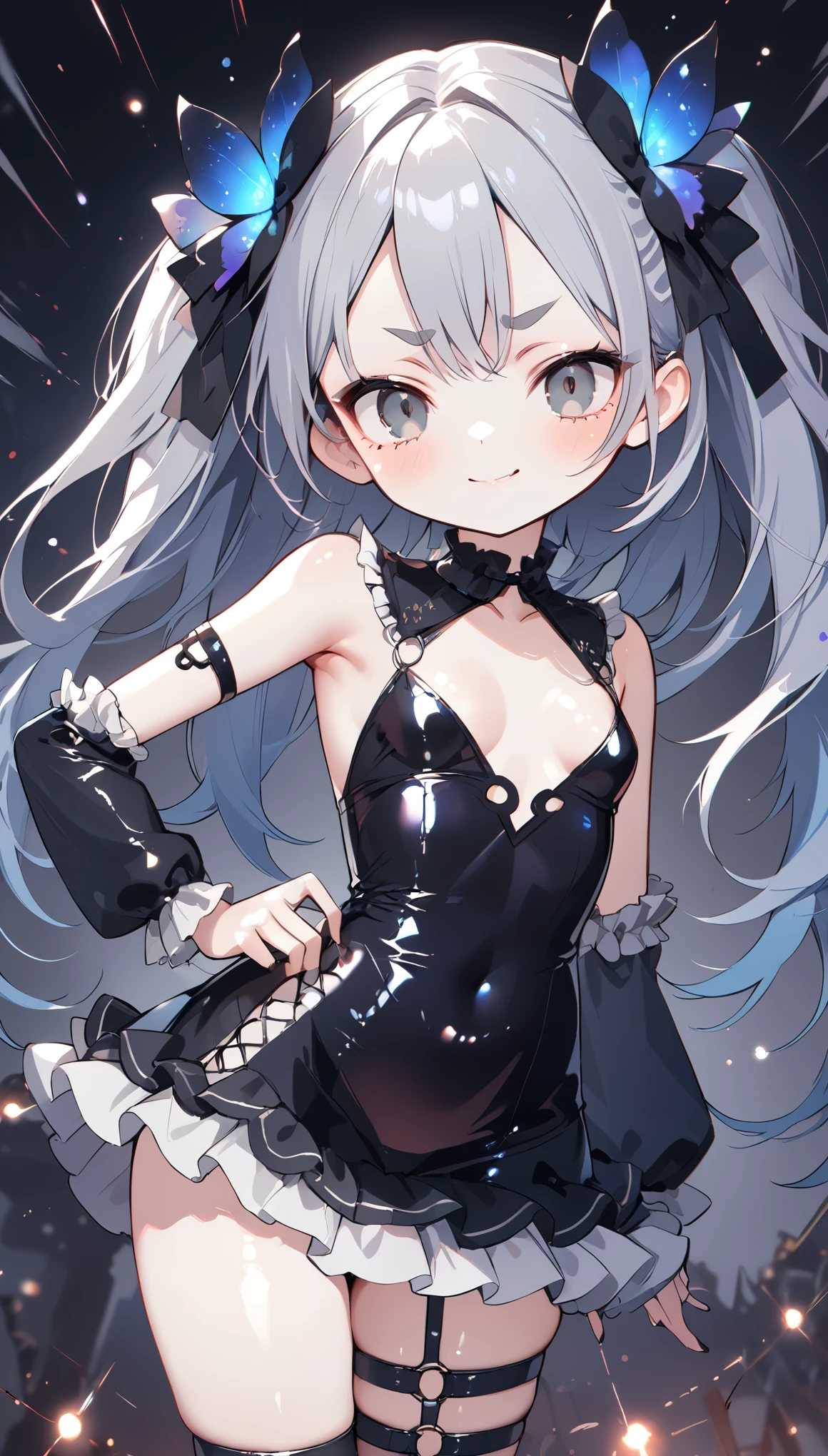 solo,1girl\(cute, hair\(silver, twin tails\((short:1.3),black bow,soft,detailed\),shiny, cuticle\),eye\(big ,droopy ,(gray eyes:1.6)\), eyebrow\(gray,(thick eyebrow:1.7),(troubled:1.5)\),(evil smile:1.7),fang,(small breast:1.7), perky breast, (big hip:1.7), shiny skin, smooth skin, ((((dress\((gothic:1.4),leather, tight, frilled, ((shiny))\))))),open cleavage, open stomach, gothic thigh high socks, wearing make up, vulgarity, (dynamic pose:1.3),(wearing blue butterflies:1.4)\), BREAK ,background\(dark,((colorful sparks))\),(dynamic angle:1.5), long shot, thick eyebrow, BREAK ,quality\(masterpiece, best quality,8k,wallpaper of extremely detailed CG unit, high resolution, top-quality, top-quality real texture skin, hyper realistic, increase the resolution, RAW photos, best quality, highly detailed, the wallpaper,golden ratio\),[nsfw2.0]