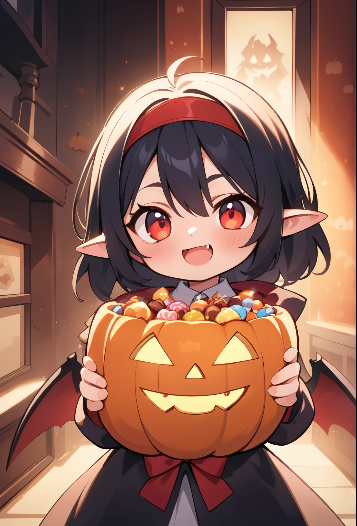 1girl\(vicomte,cute, vampire,vampire wings, red eyes,open mouth, sharp vampire fangs,black short hair, (long elven ears),cute red (ribbon:1.8) headband, big evil smile, big eyes,vampire robe with beautiful ((gold embroidery)), create a stir at the viewer, cute basket with colorful candies and chocolates inside\),dark night, Halloween night,jack-o-lanterns, gothic mood,[nsfw:2.0], BREAK ,quality\(8k,wallpaper of extremely detailed CG unit, ​masterpiece,hight resolution,top-quality,top-quality real texture skin,hyper realisitic,increase the resolution,RAW photos,best qualtiy,highly detailed,the wallpaper,cinematic lighting,ray trace,golden ratio,\)