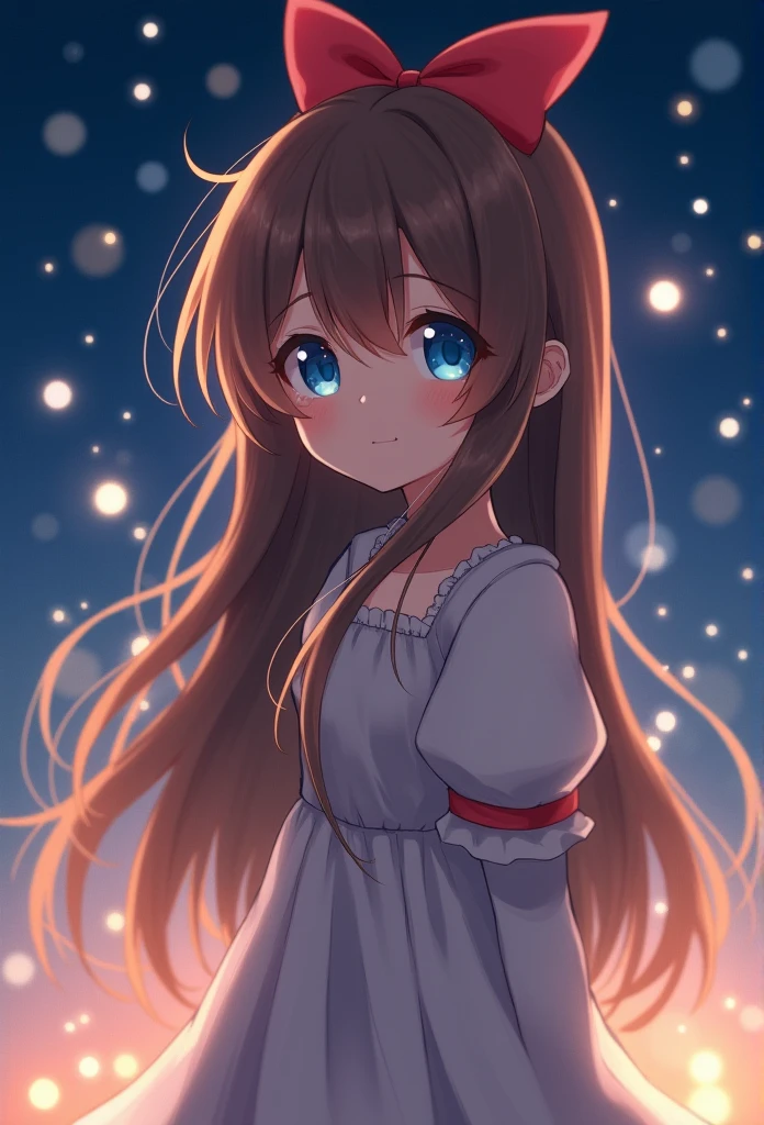 (extremely delicate and beautiful: 1.2), 1 girl, blows, Blue eyes, to fade, to fade background, bow, brown hair, shut up, lateral view, hair between the eyes, hair bow, lantern, Particles of light, mangas largas, look at the audience, medium hair, Evening, red bow, Alone, stars(symbol), upper body, smile, red lips