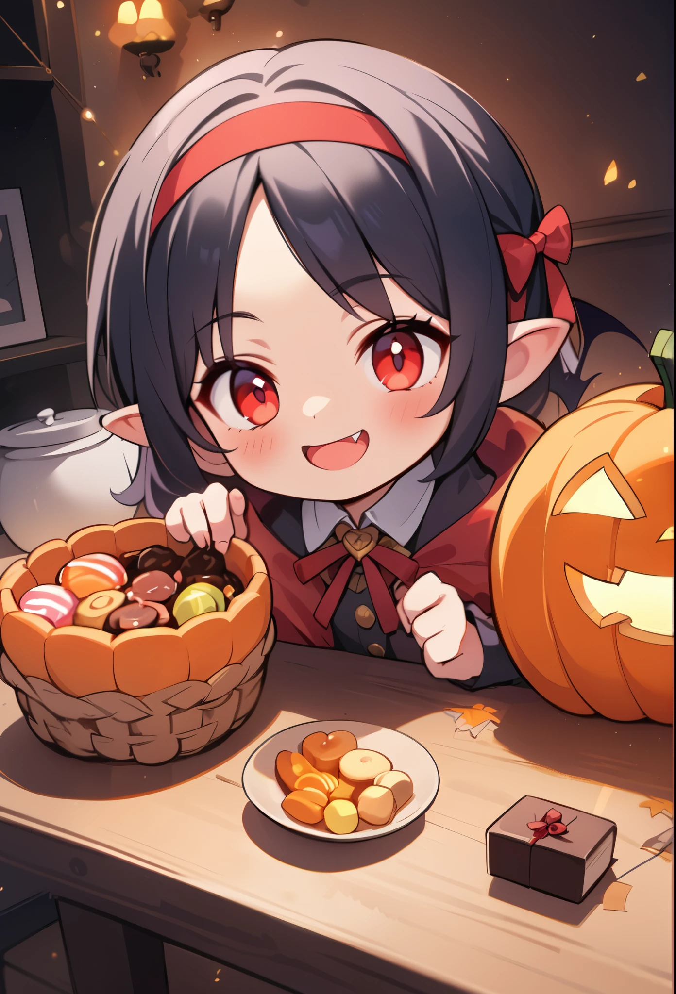 1girl\(vicomte,cute, vampire,vampire wings, red eyes,open mouth, sharp vampire fangs,black short hair, (long elven ears),cute red (ribbon:1.8) headband, big evil smile, big eyes,vampire robe with beautiful ((gold embroidery)), create a stir at the viewer, cute basket with colorful candies and chocolates inside\),dark night, Halloween night,jack-o-lanterns, gothic mood,[nsfw:2.0], BREAK ,quality\(8k,wallpaper of extremely detailed CG unit, ​masterpiece,hight resolution,top-quality,top-quality real texture skin,hyper realisitic,increase the resolution,RAW photos,best qualtiy,highly detailed,the wallpaper,cinematic lighting,ray trace,golden ratio,\)