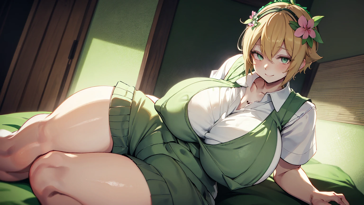 Super huge big breasts breast enlargement Look at the camera and smile full-body shot,enormous breasts, slender, ,omori basil, blonde hair head flower white shirt short sleeves sweater vest brown shorts, green hair head wreath overalls ultra-detailed, HDR, vibrant colors, soft lighting