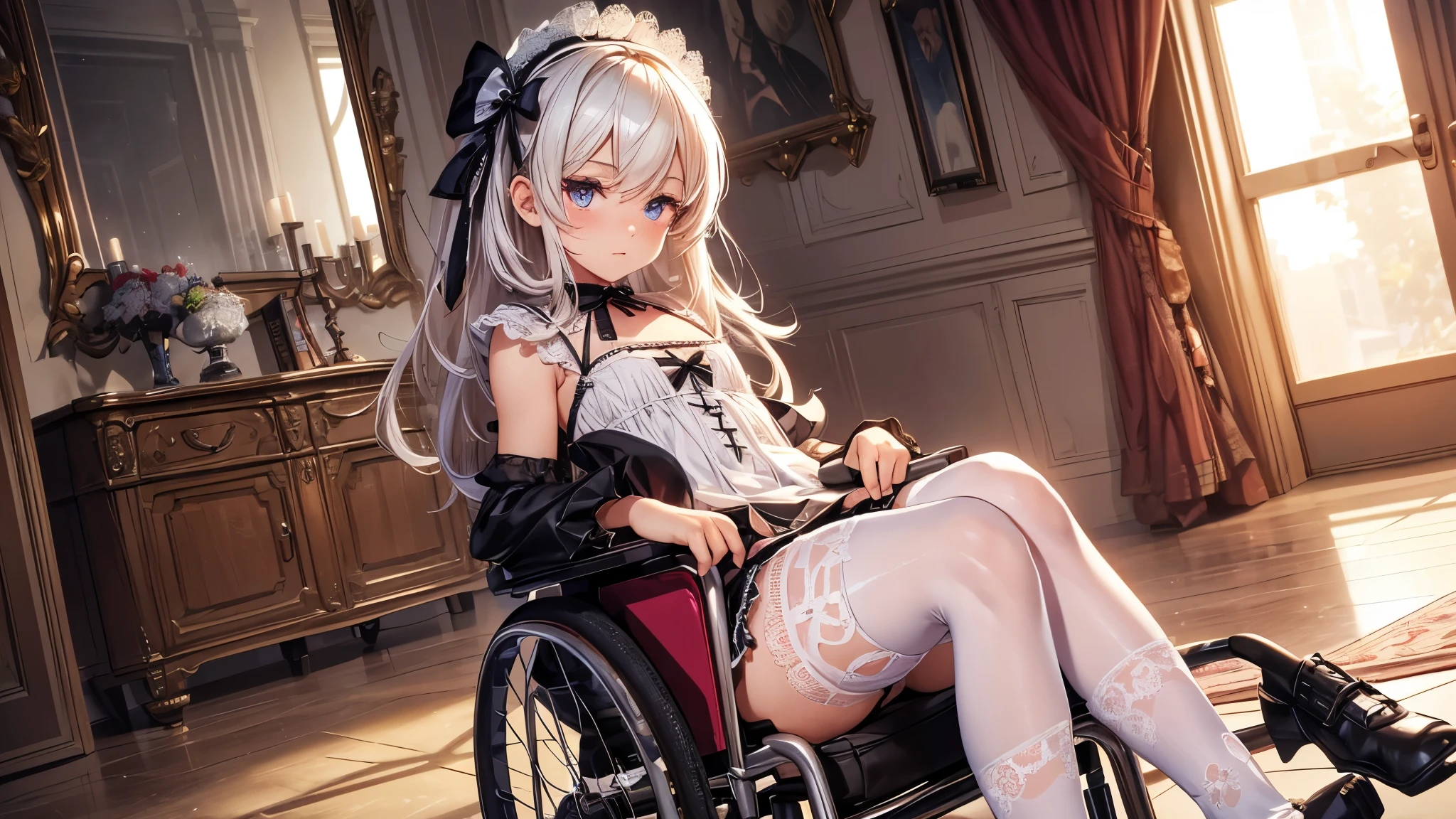 (ultra-detailed, realistic), [professional:1.1], [physically-based rendering], [vivid colors], [sharp focus], [extreme detail description], [best quality,4k,8k,highres,masterpiece:1.2],(cowboy shot),((one  boy,femboy,trap,flat chest)) ,((in wheelchair)),(Girl in lace underwear),(long shiver hair), [streesed eyes],((open skimpy ****ta dress, white lace stockings)), lace panties, the boy was forced to dress like a girl, femboy, sissy, skimpy dress, cute bow on head