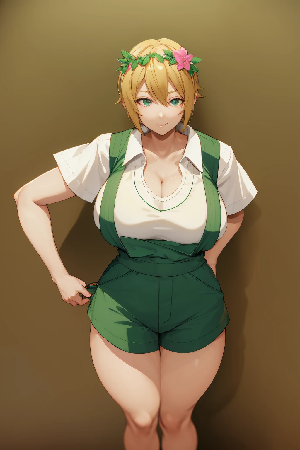 Super huge big breasts breast enlargement Look at the camera and smile full-body shot,enormous breasts, slender, ,omori basil, blonde hair head flower white shirt short sleeves sweater vest brown shorts, green hair head wreath overalls ultra-detailed, HDR, vibrant colors, soft lighting