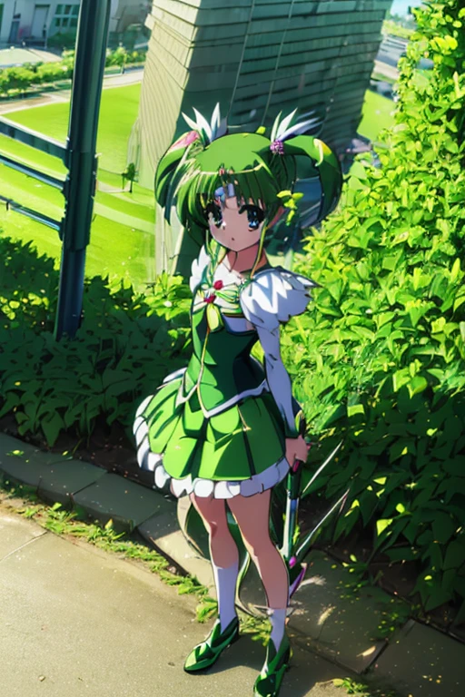 (((PreCure, green costume, combat, special move, green hair, Drill Twin, in the city, 1girl, Solo, PreCure weapon, heart hair accessory on head, skirt, Magical Girl Lyrical Nanoha, heart accessory on chest, girl)))