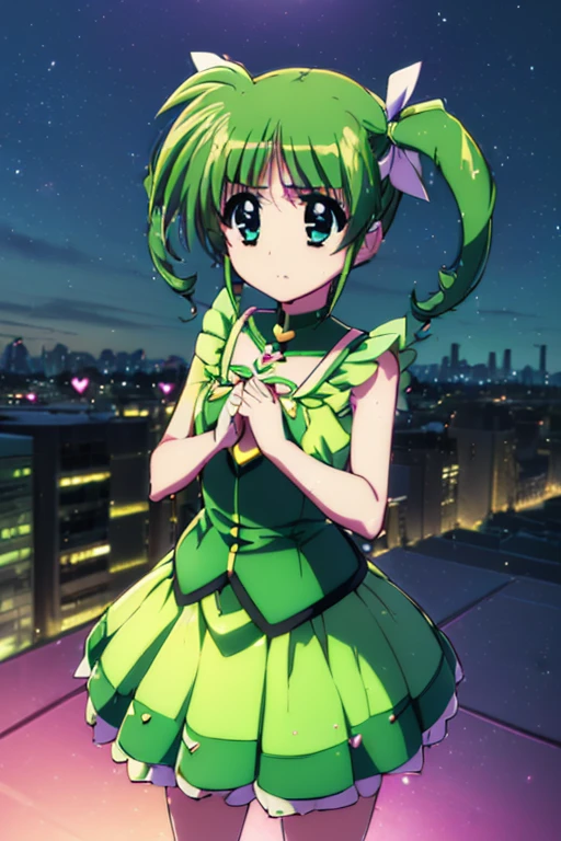 (((PreCure, green costume, combat, special move, green hair, Drill Twin, in the city, 1girl, Solo, PreCure weapon, heart hair accessory on head, skirt, Magical Girl Lyrical Nanoha, heart accessory on chest, girl)))