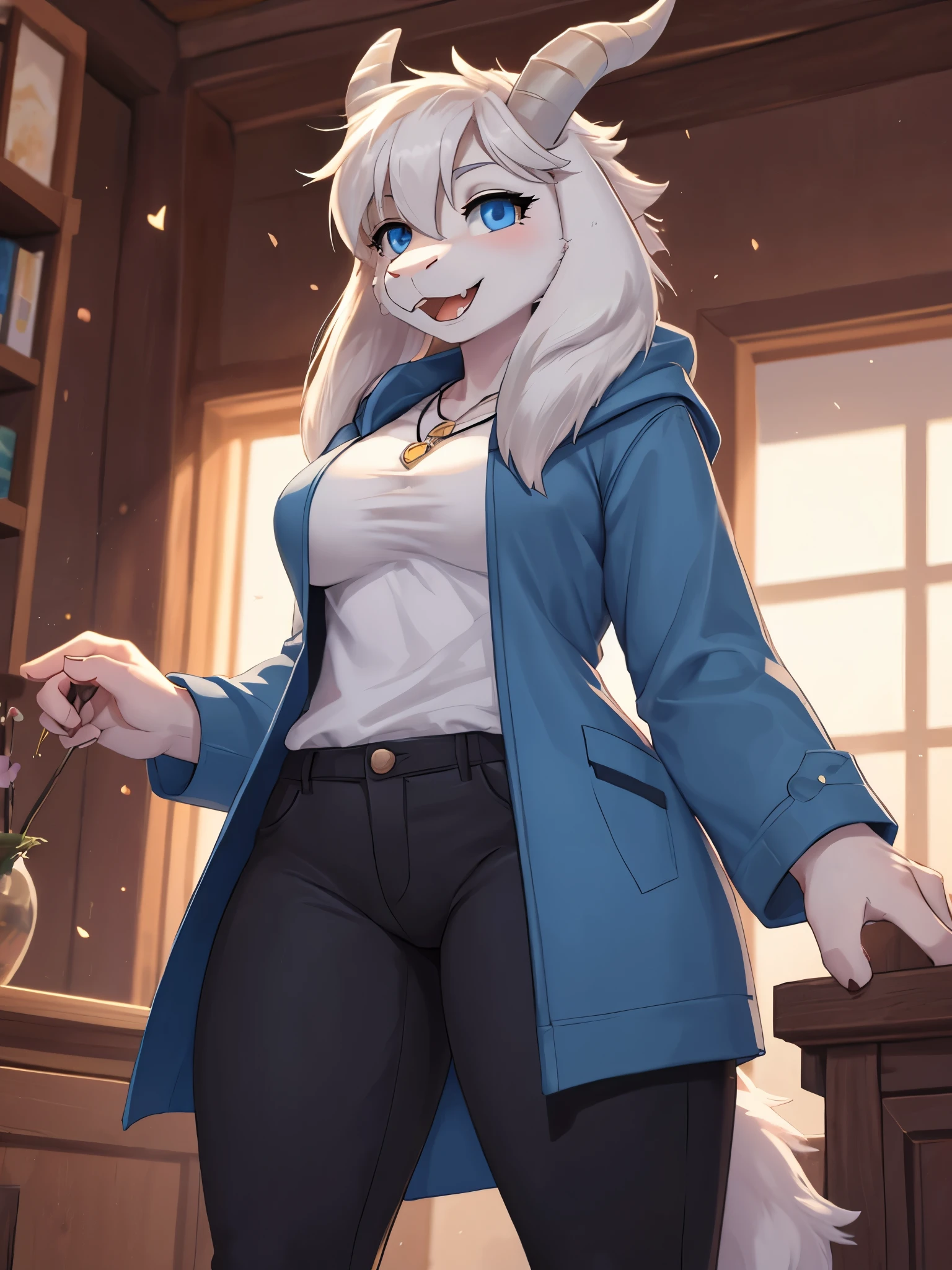 woman, young adult, smiling, beautiful smile, open mouth, showing fangs, alone, in a house, hairy, goat, anthropomorphic goat, Asriel, Undertale ((Asriel Dreemurr)), big breasts, big, big ass, wide hips, perfect female body, tall, ((long hair, long white hair, straight hair)), blue eyes, pupils (slit shape), face, anthropomorphic, cartoon, Eskimo coat ((blue coat, no drawing, Eskimo coat) ), metacarpal paw, black blouse ((white heart in the middle, black pants)), wears golden heart pendant, goat's tail, short horns, white horns ((droopy ears, big ears)), goat's paw, anthropomorphic paw , specific, better quality, better detailing, details and quality.