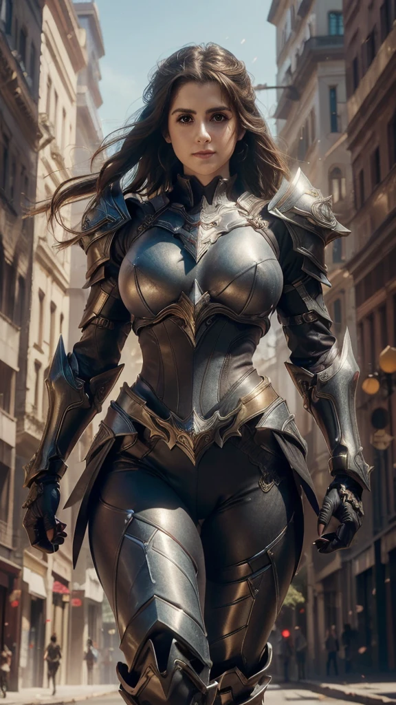 (Laura Marano:1.3) as female Paladin, ((wearing sexy dark armor)), superhero pose, black hair, very beautiful, huge cleavage, (highly detailed skin: 1.2), ( beautiful face, cameltoe, hard nipples, big breasts), highly detailed skin, (highly detailed face:1.1), (highly detailed eyes:1.1), realistic pupils, full face blush, full lips, (perfect anatomy:1.1), (perfect proportions:1.1), (photography:1.1), (photorealistic:1.1), volumetric lighting, dynamic lighting, real shadows, (highres:1.1), sharp focus, daylight, (realistic, hyperrealistic:1.4), intricate, high detail, dramatic, subsurface scattering, vivid, polished, sharpened, ((city background))