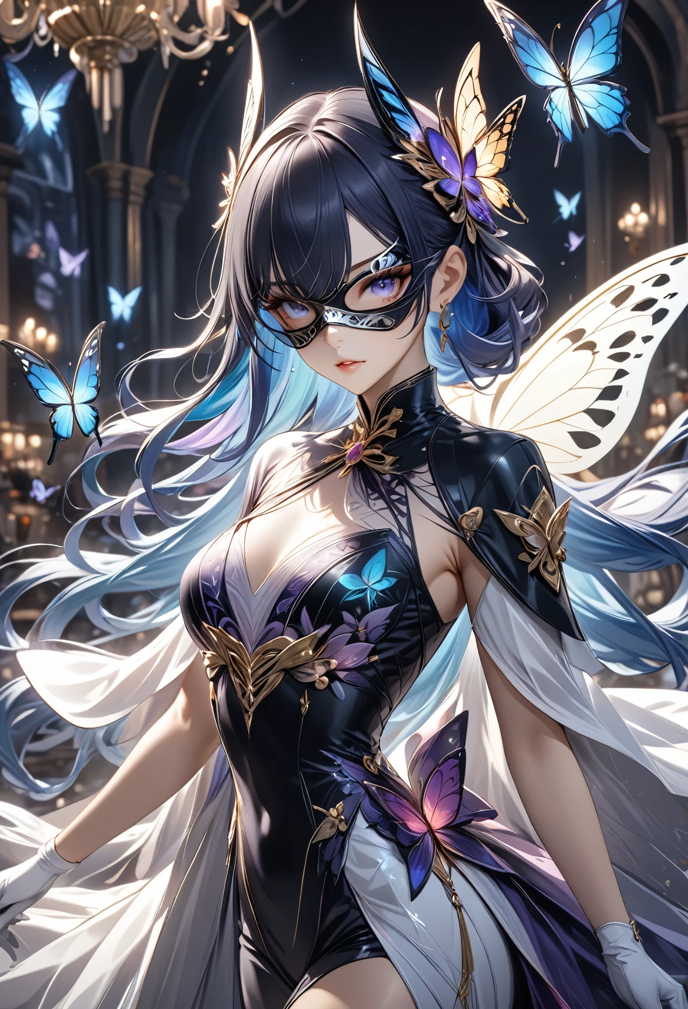 1girl,solo,phantom thief,holding banquet, sleek design, purple accent, eye mask, white gloves, blue hair, colored inner hair,(detailed eyes,perfect anatomy,masterpiece,best quality),butterfly, ribbon,
style_ethereal_fantasy, visual appealing, synced,
intricate character design, mystical