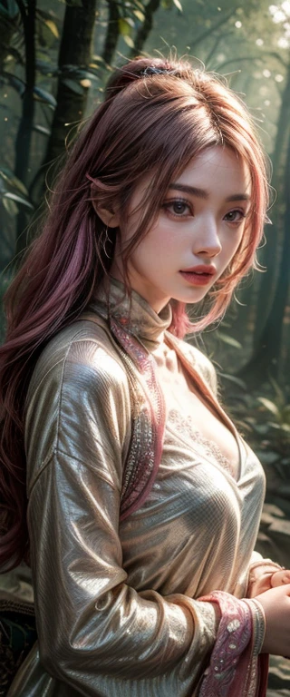 A beautiful woman,23 years old,Stand in a vast wheat field,Long pink hair,Hair is messy and fluttering,Green eyes,(full bodyesbian),(sky witch:1.5),Tall and thin beauty goddess,((A flowing red long-sleeved dress)),conservative girl,cloud goddess,Flowing realistic fabric,Edge light,(Long-haired fainting:1.5),best qualtiy,tmasterpiece,(超高分辨率),(realisticlying:1.4),Slim,(shiny skins),(The woman's face looks up at the sky),Top fashion,photore,(beautifulface:1.1),A detailed eye,lusciouslips,depth of fields、Bokeh,author(James S. c. Christensen:1.2|JeremyLipking:1.1),octane,As estrelas,starrysky,the night,nigh sky,独奏,exteriors,galactic