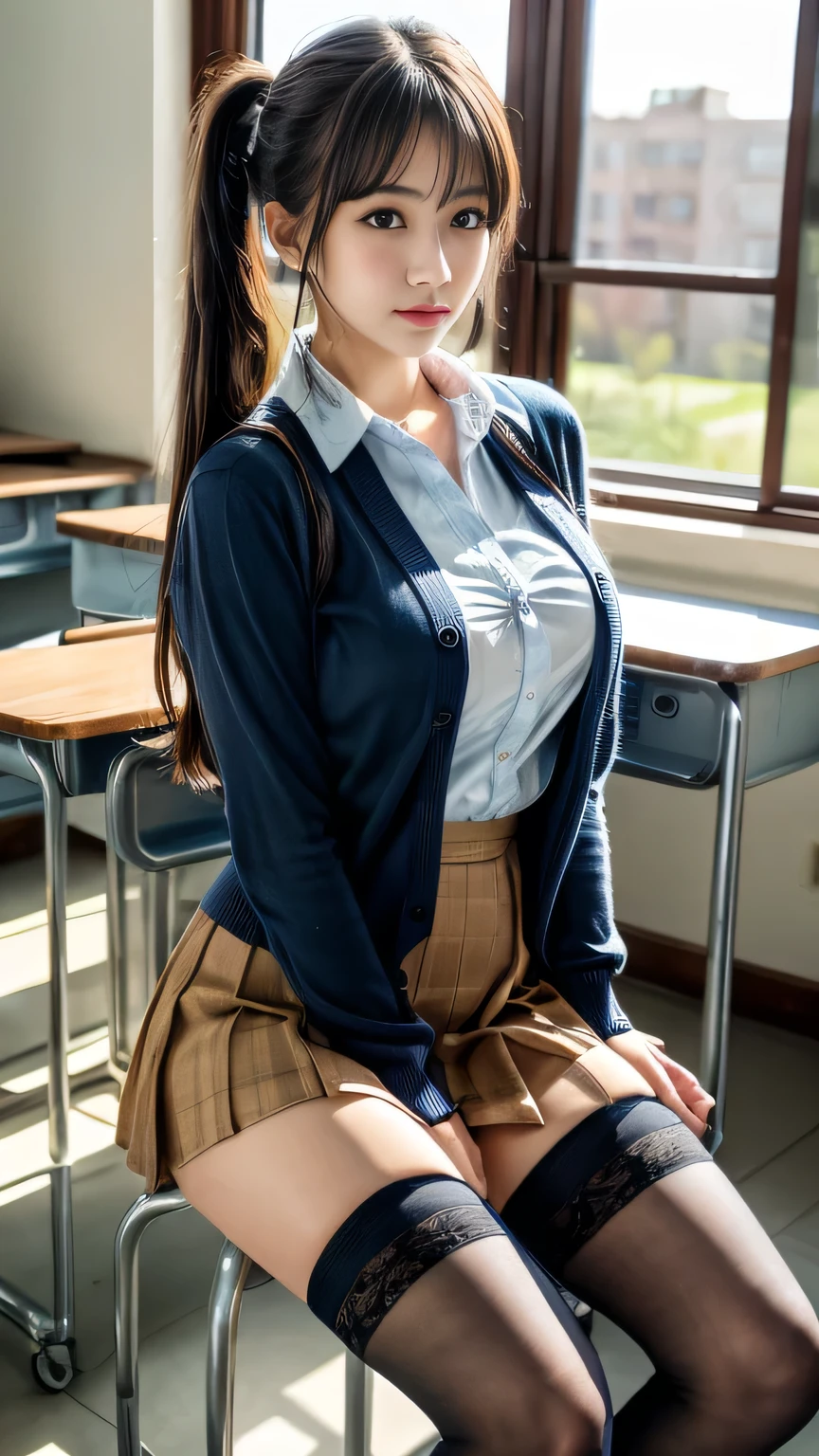 masterpiece, Best Quality, Illustration, Super detailed, The finer details, High resolution, 8k,wallpaper, Perfect Dynamic Configuration,(Detailed high quality, Realistic depiction of eyes:1.3), High school classroom、Schoolgirl uniform、cardigan、Super short check uniform skirt、Navy blue high socks、Garter belt、huge 、Disturbed Uniforms、Low Ponytail, Black Hair, Big, natural-colored lips, Bold and sexy pose, (Perfect figure), Crying a little、Cold Stare, Harajuku Style、20-year-old girl、Cute type, Beautiful legs, Gravure idol pose, Voluptuous thighs
