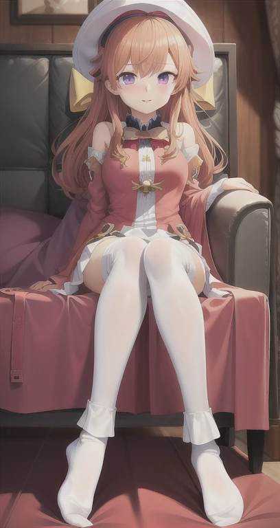 Anime girl wearing a hat sitting on the sofa, Cute girl with anime visuals, Splash art anime, Cute anime bride wearing a nice dress, Marin Kitagawa fan art, smooth anime cg art,  In a dress, Kshat Krentz Key Art Female, Origin《Azur Lane》video game, From Girls Frontline, Young anime girl close up，Ultra-high resolution，Top quality white stockings，Lace socks，Burpee Socks，Over the knee socks，She has a cute and shy vibe。