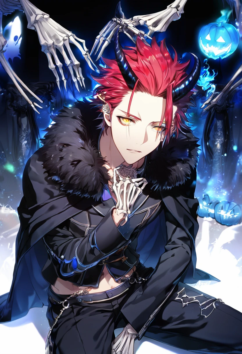 good looking, alone, 1 male, short hair, Smile Facial,1. Boy with black and purple hair, Moderate height, Slim body, Long coat, Black lining,good looking, short hair, Black Hair, Rainbow Hair, Purple eyes, 先端がスモーキーグレーのBlack Hair, smoking, Black light,smile、, Bright, sharp eyes illuminate the scene,uniform,accessories少なめ,whole body,Background white,Thin outline, Anime Style, Cool and edgy, A mysterious figure in a dark suit with robotic features, Having a chain, Wears a high-tech wolf mask with glowing red eyes, Standing against a bright red background, Dramatic lighting, cyber punk, dark, Sleek design, Futuristic, fashionable, Pause, colorful, have confidence, Performance, accessories, Coiled, The surrounding area, stylish, impressive, Modern, fashion
