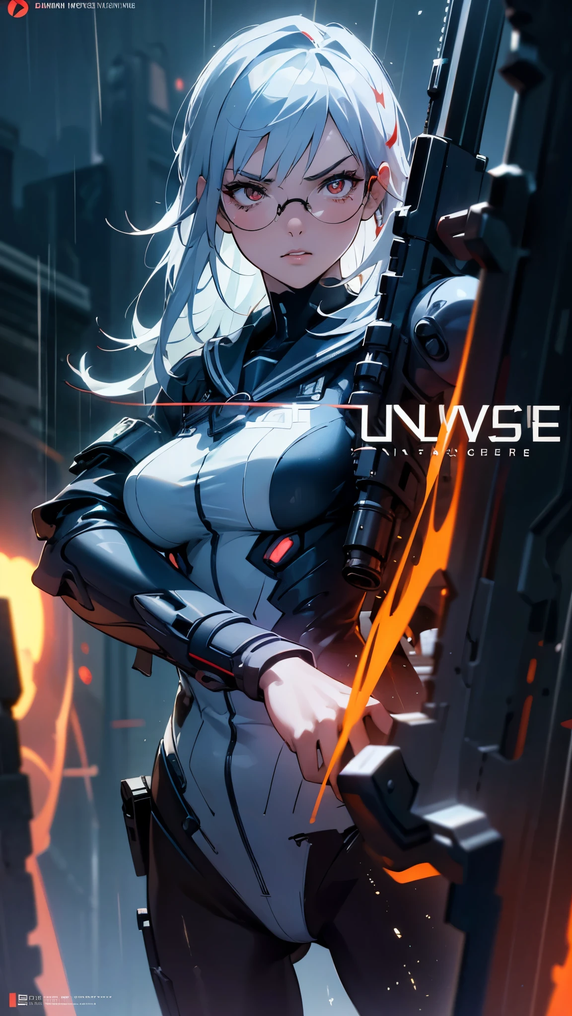 girl with silver hair,((large breasts:0.2)),red glasses,prone position,looking through sniper scope,aiming gun,tactical boots,futuristic gun,rainy environment,high quality,8k,ultra-detailed,hyperrealistic,masterpiece,cinematic lighting,dramatic lighting,dramatic pose,highly detailed facial features,extremely realistic,photorealistic,beautiful detailed eyes,beautiful detailed lips,extremely detailed eyes and face,long eyelashes,1 girl,concept art,Digital Art、Shiny futuristic gun、Vivid depiction of the human body、Sexy Sailor Battle Suit、((Torn clothing)) Standing confidently in the center of the poster, Wears stylish and edgy clothing, A determined look. The background is dark and grainy., There is danger and tension. The text is bold and eye-catching, A catchy tagline that adds to the overall dramatic and exciting atmosphere. The color palette is mainly dark.、Bright colors are scattered throughout。, Gives the poster a dynamic and visually striking look,Character portrait