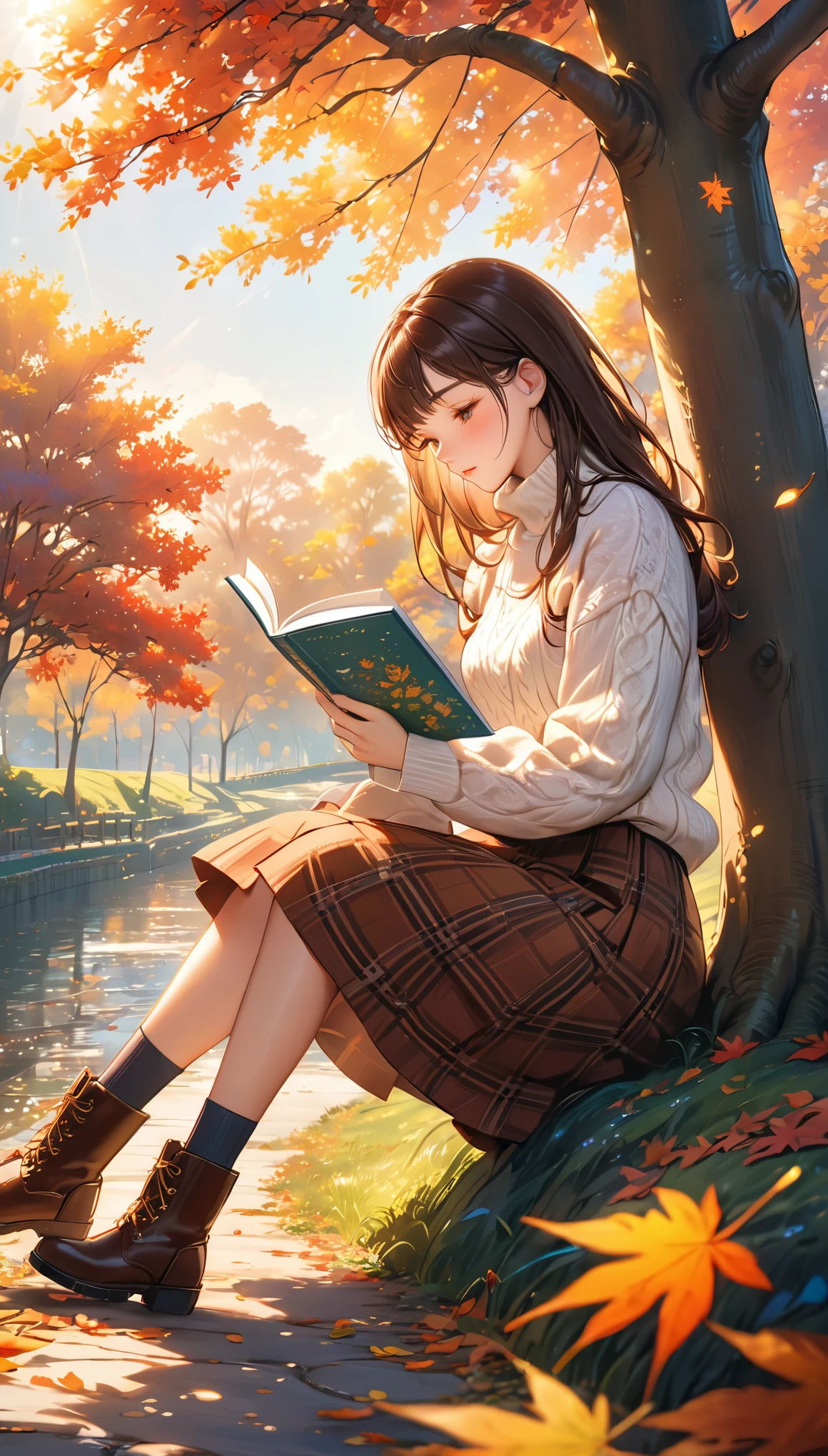 a beautiful girl reading a novel under a tree, autumn leaves, high neck sweater, checked brown skirt, boots, detailed facial features, long eyelashes, cinematic lighting, extremely detailed, high quality, masterpiece, 8k, hyper detailed, intricate details, natural lighting, dappled sunlight, peaceful, serene, tranquil, vibrant colors, soft focus, depth of field,