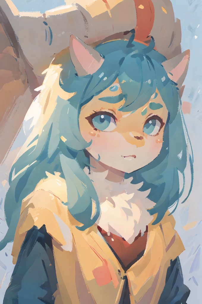 1girl, detailed digital art, semi_realistic_styled digital art, (work of art), best quality, expressive eyes, perfect face, gouache painting, flat colors, pastel tones, gouache texture, Kemono, lksecai, in  ross tran and studio ghibli style