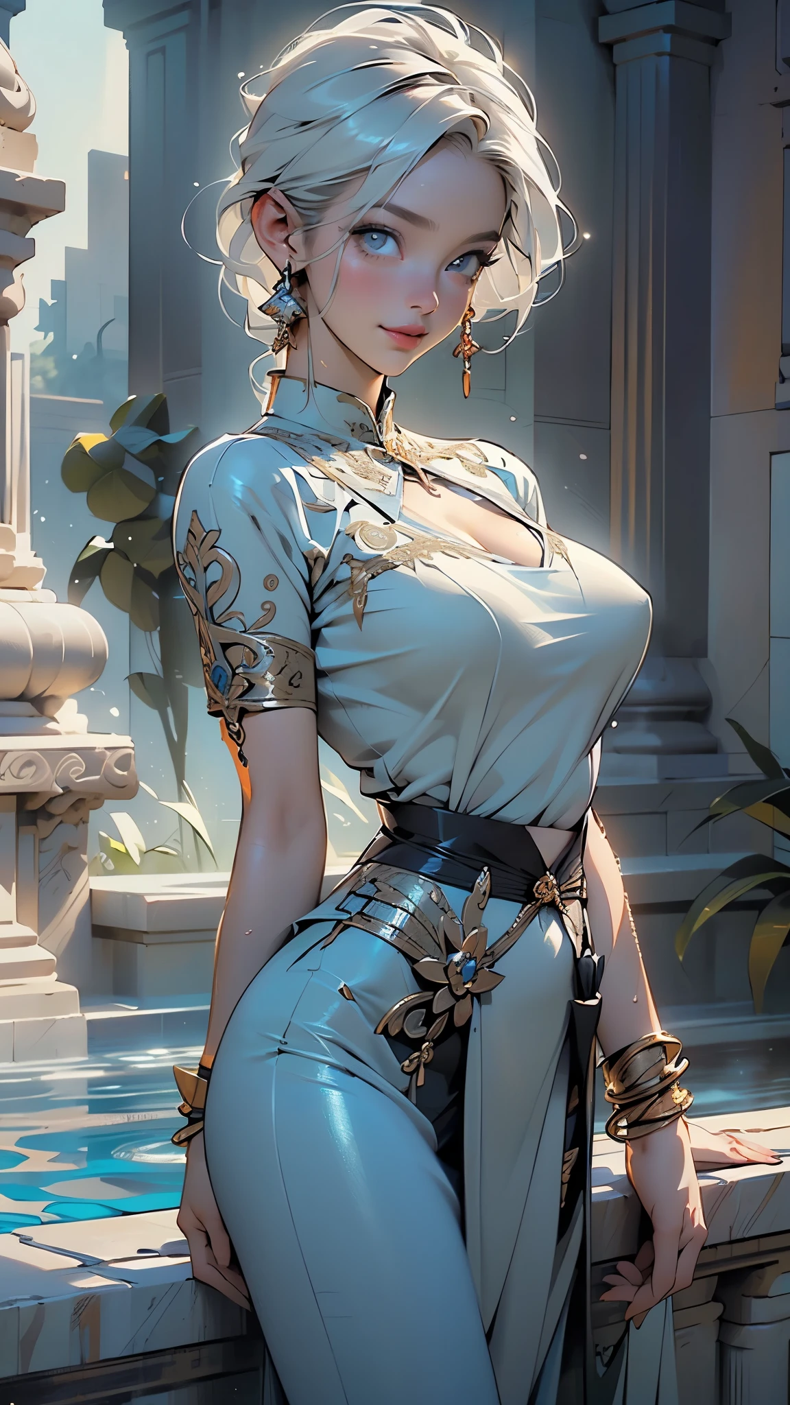 1female，35yo，熟妇，long leges，Big breasts Thin waist，Slim，huge-breasted ，Pornographic exposure， 独奏，（Background with：bamboo forrest，lotuses，lotus flower，exteriors，Lotus pond） She has short black hair，standing on your feet，Sweat profusely，drenched all over the body，seen from the front， hair straight， mostly cloudy sky，（（（tmasterpiece），（Very detailed CG unity 8K wallpaper），best qualtiy，cinmatic lighting，detailed back ground，beatiful detailed eyes，Bright pupils，Black eyes，（Very fine and beautiful），（Beautiful and detailed eye description），ultra - detailed，tmasterpiece，）），facing at camera，A high resolution，ultra - detailed），revealing breasts，Bare genitalia，  Bulge，legs are open，Raised sexy，Camel toes，Flushed complexion，Open-mouthed，frontage，Gold Saint Seiya，（Wearing：White transparent apron，Gold wire embroidery）