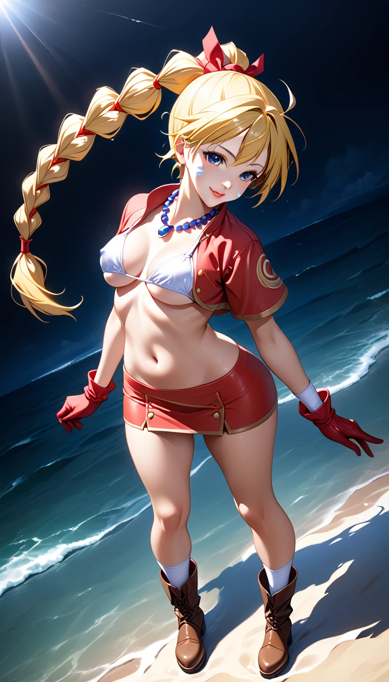 1 adult woman, solo, ((mature face)), warm smile, 20 years old, yellow hair in a high braided ponytail, (very small bust:1.42), navel, standing on white sandy beach, modeling poses, fitted jacket 3/4 cropped (red), tiny mincrobikini top under jacket (white:1.47), form fitting micro skirt (red), bikini underboob, loose leather boots, ankle wraps, detailed face, detailed eyes, detailed lips, highly detailed hands, 8k, UHD, cinematic lighting, vivid colors, dramatic shadows, masterpiece, award winning art, (viewed from below), (full length portrait:1.45), (wide angle:1.27), (kdecc, ponytail, facial mark, necklace, crop top, vest, midriff, skirt, gloves), covered_erect_nipples, ultraST, skin_tight, impossible clothes, undersized bra 