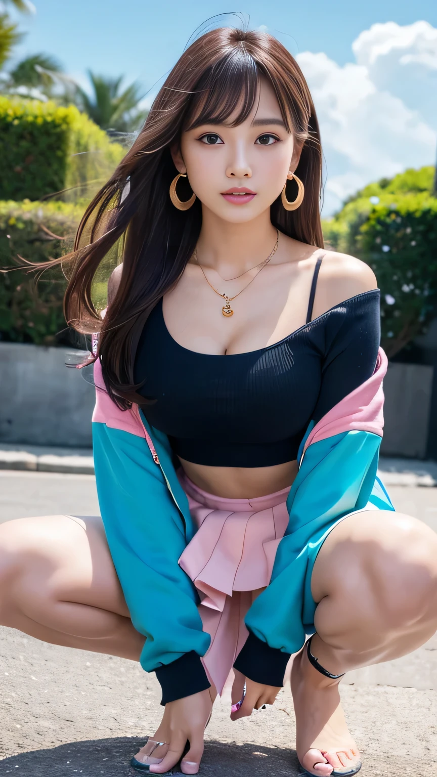 masterpiece, (photogenuineistic: 1.4), highest quality, beautiful lighting, outdoor, Girl Single, alone, diamond jewelry, earrings, long hair, golden ratio face、detailed ears、detailed eyebrows、detailed nose、detailed eye、detailed glowing lips、emeraldgreen eyes, black hair, outdoor, big breasts、Scapula, Smile、Lips that shine with glitter, null, sunset, Braided hair, hair ornaments, genuine, bangs, cloud, necklace, pillars,, (big breasts:1.4)、(Highly detailed wallpapers in CG unity 8k), Complex, high detail, sharp focus, dramatic, beautiful girl, golden details , Raw photo, 8K UHD, film grain、(emphasize cleavage:1.4)、
Top: ((Turquoise blue and shocking pink horizontal gradient color hooded sweatshirt:1.3),(Features pop culture artistic design:1.2)),
Bottoms: (Patterned pleated skirt:1.2),
Shoes: Colorful platform boots. Something that stands out in color or design,