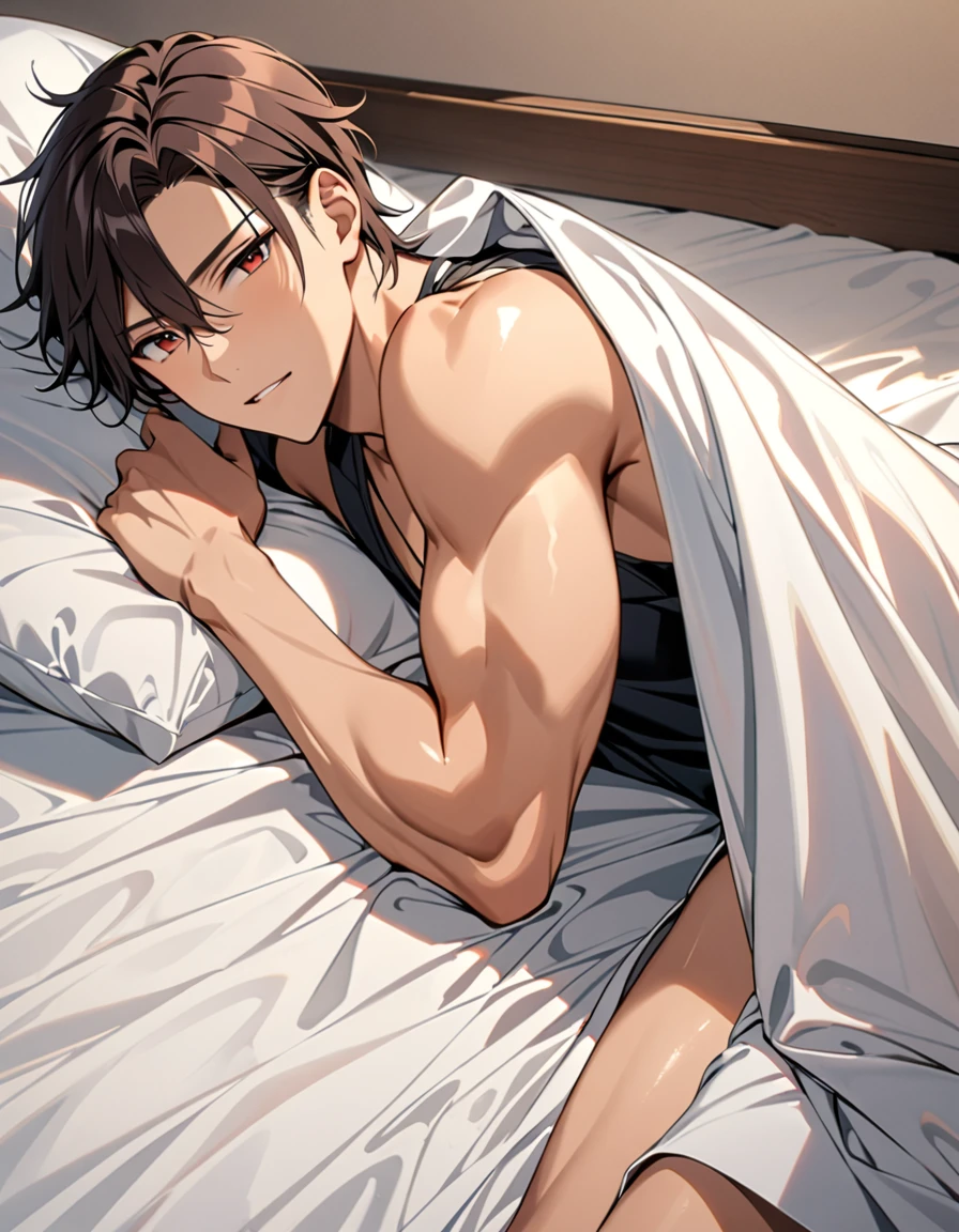 score_9_up, score_8_up, score_7_up, score_6_up, score_5_up, score_4_up, best quality, amazing quality, best aesthetic, absurdres, masterpeiece 1boy, male focus, (solo focus:1.05), game cg, chiaki morisawa, closed eyes, brown hair, morisawa_chiaki, brown hair, brown eyes, dark bedroom, shirtless, exposed bare chest, tight red jockstrap, laying on bed, tied up, shibari, bound and gagged, arms behind back, bound arms, bound legs, laying on stomach, rear view spider gag, sleeping, embarrassed, sweaty, muscle