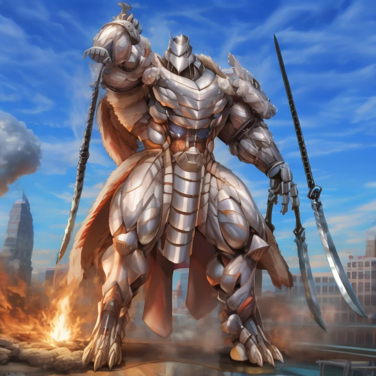 - Silver Samurai
- masterpiece. official art. 8k. best quality. detailed full body. full body.
- dominating Silver Samurai. Silver Samurai is over 1000 meters long. focus GIANT mechanical Muscular Silver Samurai is trampling the city. Looking down. macro. stomp. Low-angle perspective. emphasizing the immense size.
- smoke and flames rising from the destruction in the city)
- wearing a full-face helmet. high-tech bio-mecha armor. real texture material. whole body shines like metal. Wearing cyberpunk mecha. emphasizes the muscles. suit fully made of metal. intricate armor. Robotic suit. suit fully made of metal. cyborg. Powered exoskeleton with the same design as Silver Samurai.
- Detailed head. Detailed Body. Detailed abs. gigantic muscles. HYPER MUSCLES. Gigachad Muscular. big muscle. pecs. triceps. traps. unusually developed muscular body. body full of huge muscles. showing off muscles. pectorales enormes. Exaggeratedly huge muscles. huge muscles. long legs.
-NJfurry. silver samurai wears a long silver cloak.The claws are sharp. 5 toes.
- melee weapon, weapon, armor, plate armor, sword, floating weapon, anthro, knight, clothing, helmet, detailed background, white fur, claws, dragon pauldron,
- Silver Samurai, full armor, cyborg, science fiction, combat helmet,
- robot, mecha, holding, holding armor, holding weapon
- by null-ghost
-