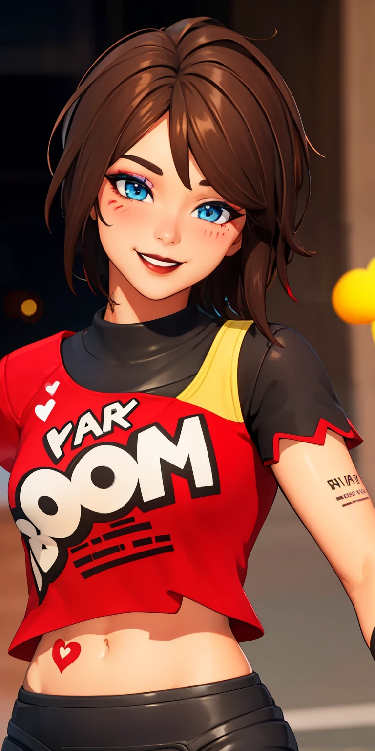 1girl,brown hair, short hair, blue eyes, dark tone skin, (eyeshadow1:1), (blush:1.1),upper body, heart,(speed lines:1.1), heart, tattoos, navel, red crop top, brown lips, smile, looking at viewer, facing viewer, wink, 