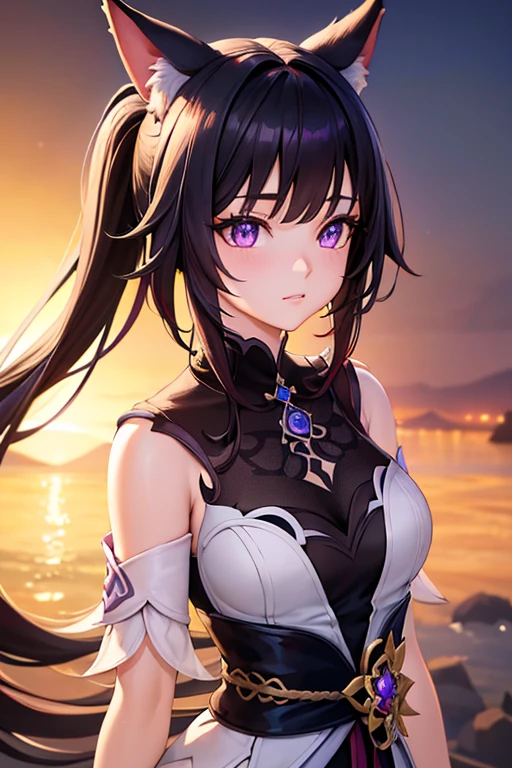 beautiful woman with purple eyes, 2 ponytails, long black hair, fox ears, wearing a beautiful purple dress, (black leggings), genshin impact style, cute girl, (best quality,4k,8k,highres,masterpiece:1.2),ultra-detailed,(animated,photorealistic,photo-realistic:1.37),intricate details,exquisite,vivid colors,cinematic lighting,concept art,digital painting