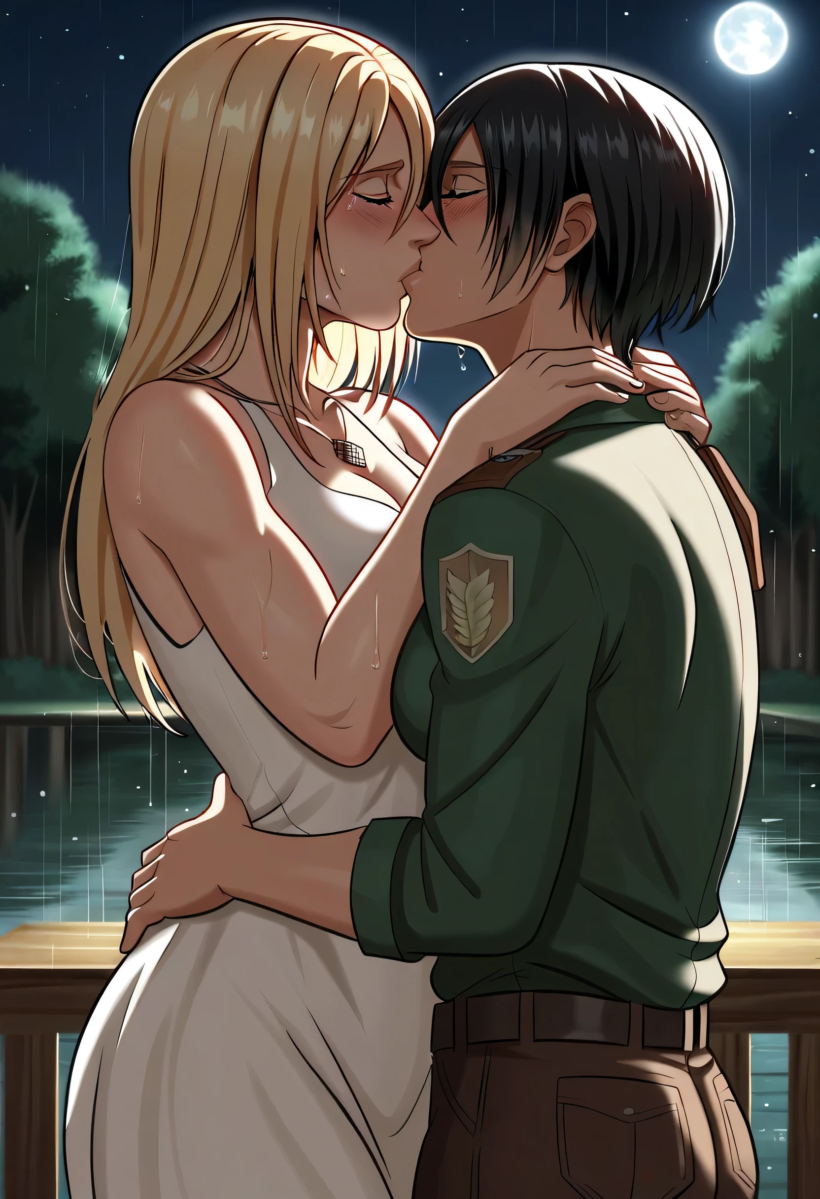 score_9, score_8_up, score_7_up, BREAK source_anime, historia reiss, blue eyes, blonde hair, long hair, medium breasts, long white dress sleeveless,female black hair soldier hugs historia,Mikasa with historia hugs,mikasa wreanig open green jacket and black combat pants,Mikasa female with short hair,mikasa female medium breasts,eyes closed,in night,moon in sky,mikasa final season,mikasa,Mikasa hugs historia،mikasa femboy,mikasa final season,historia blonde hair,hugs and kissing,mikasa carrying historia and kissing her,Mikasa lifts Historia up and kisses her.in middle night,raining outside,mikasa final season,girls kissing,girl×girl,lesbians,yuri,romantic wallpapers,historia sitting on mikasa and kissing her,Mikasa in both hands touch historia ass, raining,wet body's,water dropped on mikasa and historia body's,mikasa final season design,character's from season 4,historia crying while kissing mikasa,crying both,one of Historia hands touch mikasa abs,romantic kissing,wet clothes,deep hugs,Perfect generation, mikasa and historia soo white skins,4k,mikasa wreanig chains necklace,six-pack appearance in mikasa open green jacket 