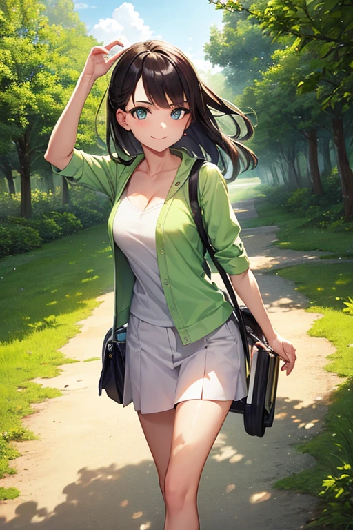 1 girl, long hair, High resolution, Green eyes Hair band, tongue out, headphones, Backlighting, The best quality, cabello brillante, Medium-large breasts, smile, happy, Frowning eyebrows, heart shaped pupils, smile seductora, sparkling eyes,  Create a realistic animated image in style 2.5D of a girl walking through a forest from a second person perspective. The viewer sees her from behind from a slight angle., as if walking one step behind her. Lucy is a self-confident and mischievous young woman, with a sharp and playful expression. She has a lot of time, Dark hair flowing with every step and wearing casual clothes, slightly disheveled clothes.. The forest that surrounds it is lush and with tall trees., Filtered sunlight and a soft dirt path underfoot. The scene must be animated and real, and combine realism with an aesthetic 2.5D elegant and vibrant."