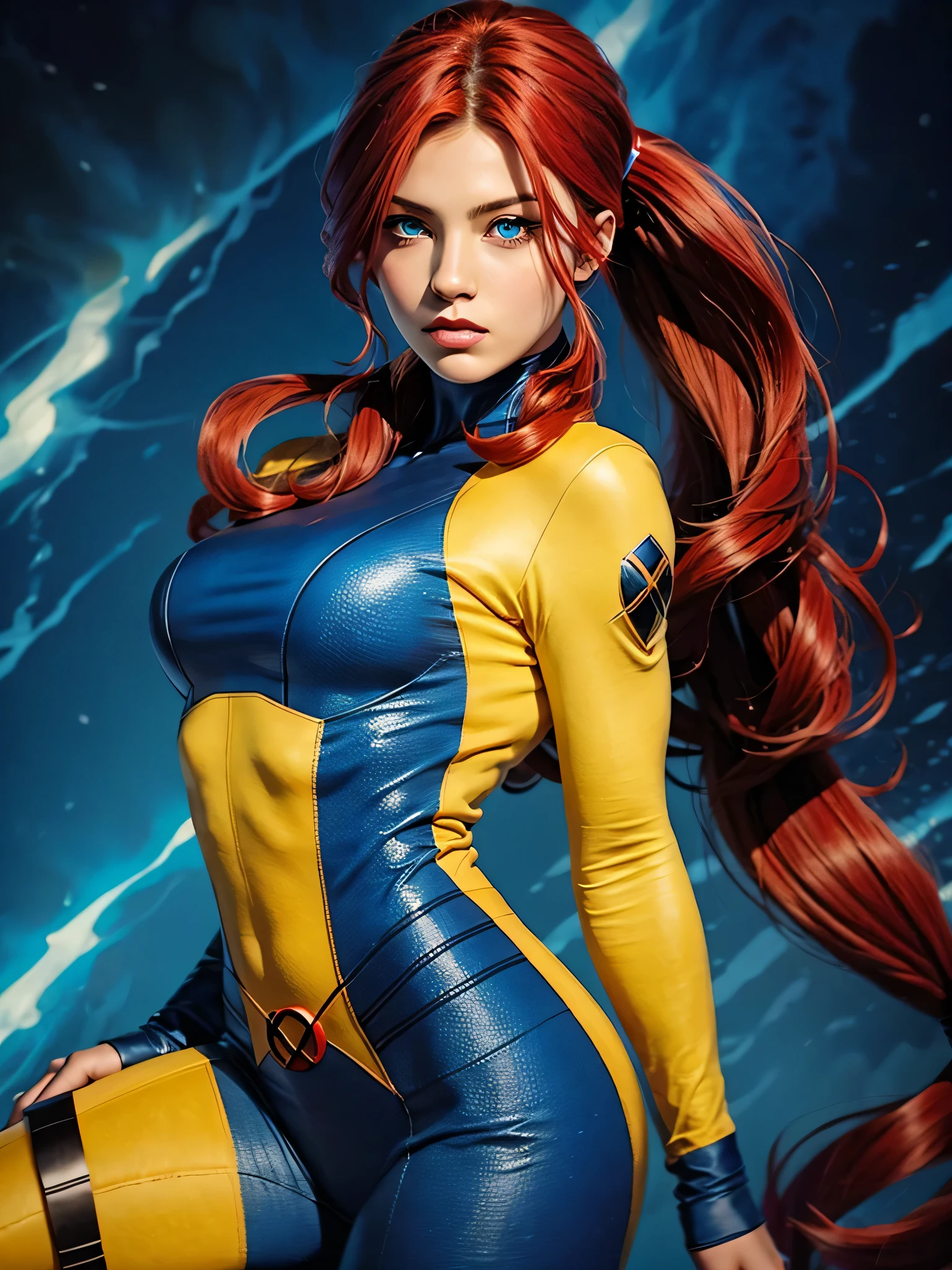 realism, realistic 1girl, solo,  blue eyes,  red hair, long hair, high pony tail, medium breasts,  headband, red hair, yellow bodysuit, blue armor, comic art style jean-grey
X-men classic outfit