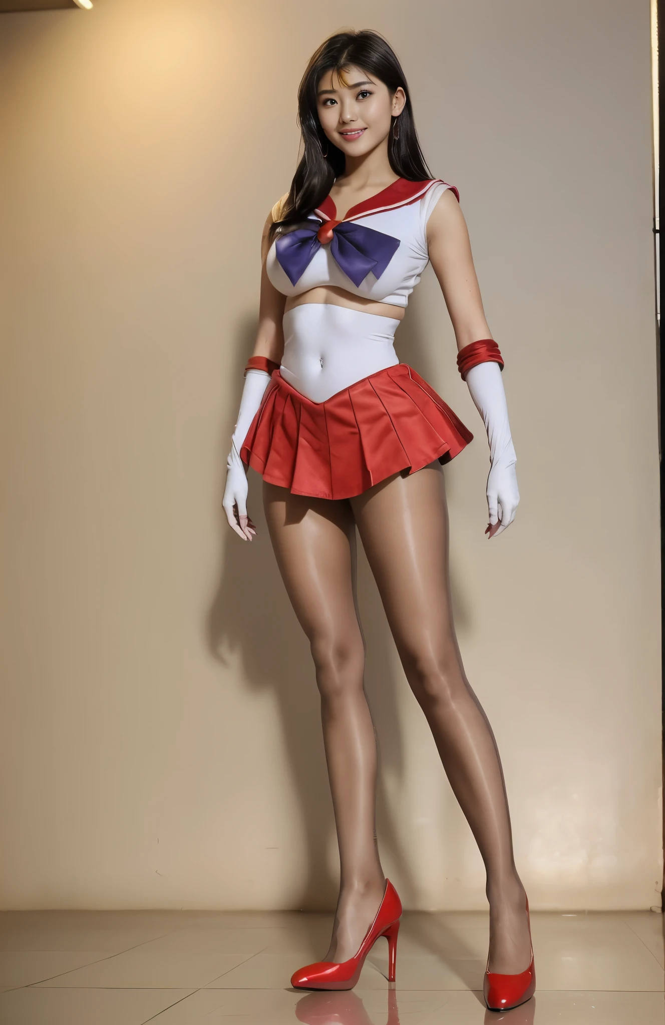 No background、(((Beautiful legs in tights.)))、(((Legally express the beauty of your smile)))、(((Wearing white gloves、Cover your fingers with gloves)))、((((Make the most of your original images)))、(((Sailor Mars Costume)))、(((Short beautiful hair)))、(((suffering)))、(((Please wear beige tights....、Please wear red heels)))、((Best Quality、8k))、((Best Quality、8k、masterpiece:1.3))、(((Save the background )))、Sharp focus:1.2、Beautiful woman with perfect figure:1.4、Slim Abs:1.2、Wet body:1.5、Highly detailed face and skin textures、8k