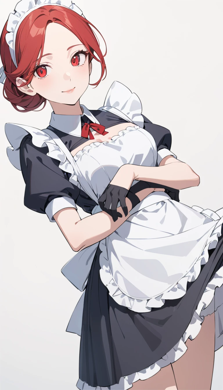 (masterpiece, best quality, super detailed, beautiful eyes beautiful details eyes, Clean and delicate face), solo, (Red bob hair, red eyes), (maid costume, white maid headband), thigh, black gloves, army boots, (whole body, standing posture, looking at the viewer), slight smile, lips apart, simple background